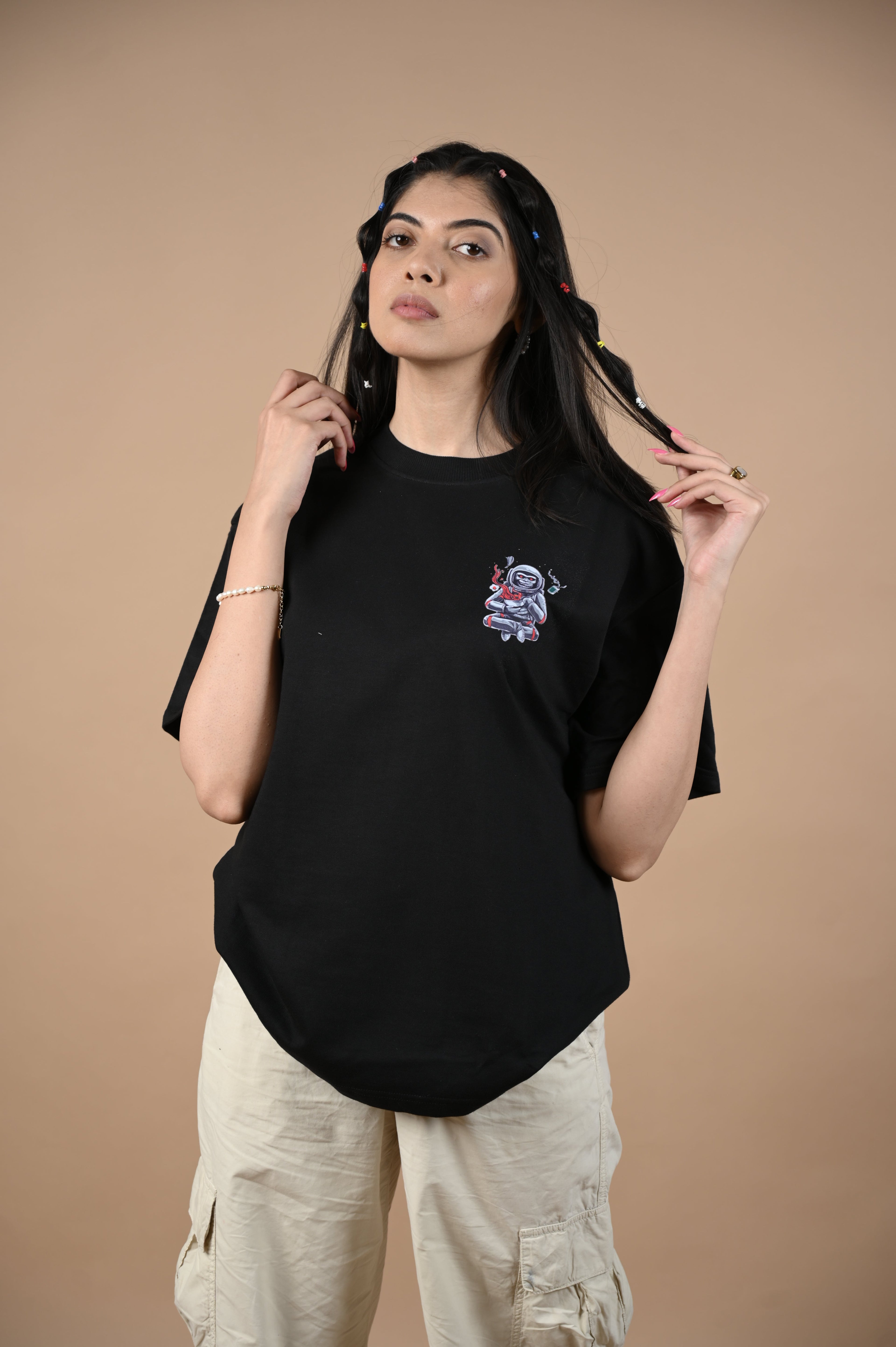 Astronaut 100% Cotton Oversized Black T-shirt by Unfussy with 100% cotton, Black, Casual Wear, Organic, Oversized Fit, Printed, T-Shirts, Unfussy, Unisex, Womenswear at Kamakhyaa for sustainable fashion