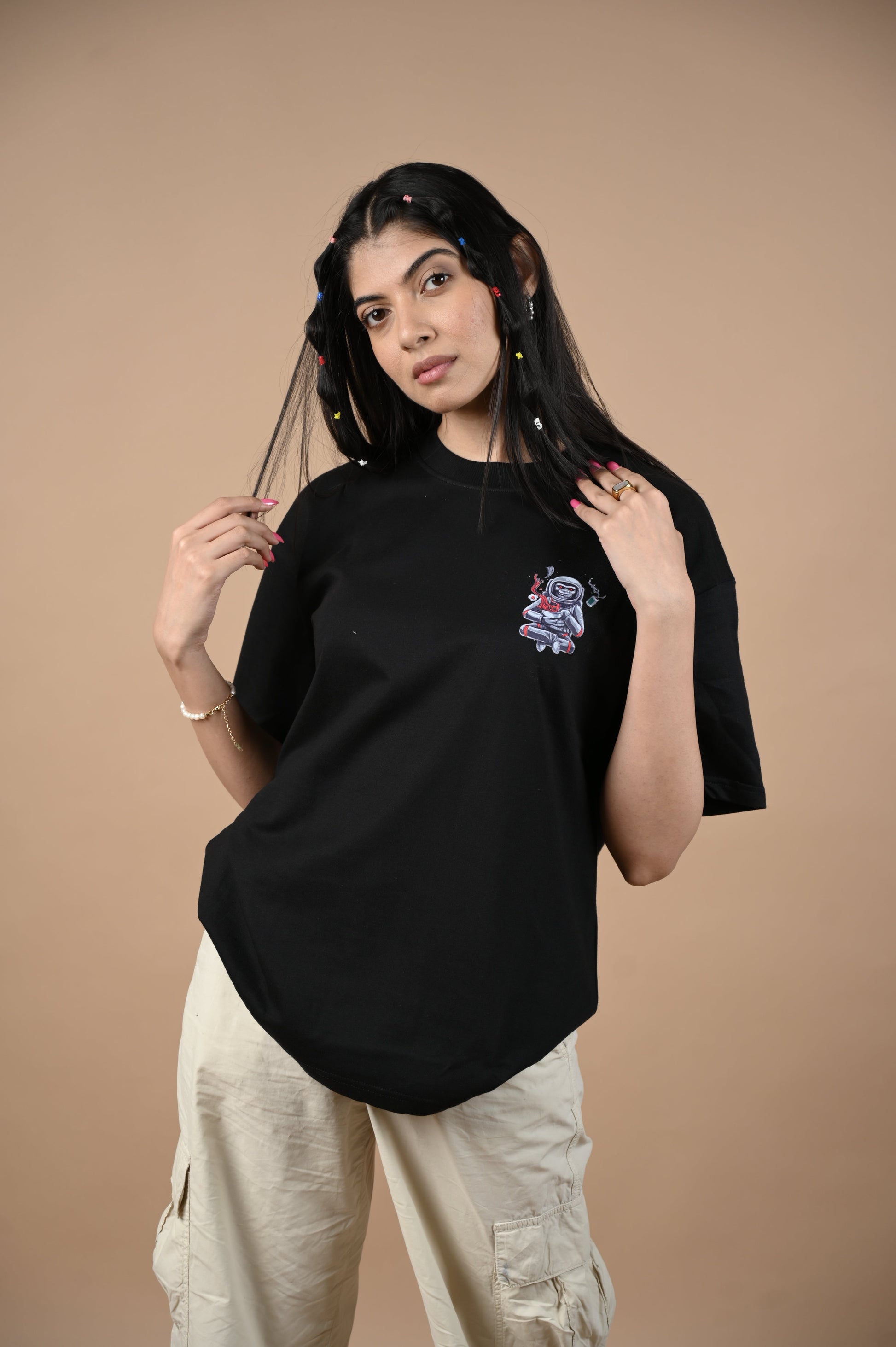 Astronaut 100% Cotton Oversized Black T-shirt by Unfussy with 100% cotton, Black, Casual Wear, Organic, Oversized Fit, Printed, T-Shirts, Unfussy, Unisex, Womenswear at Kamakhyaa for sustainable fashion