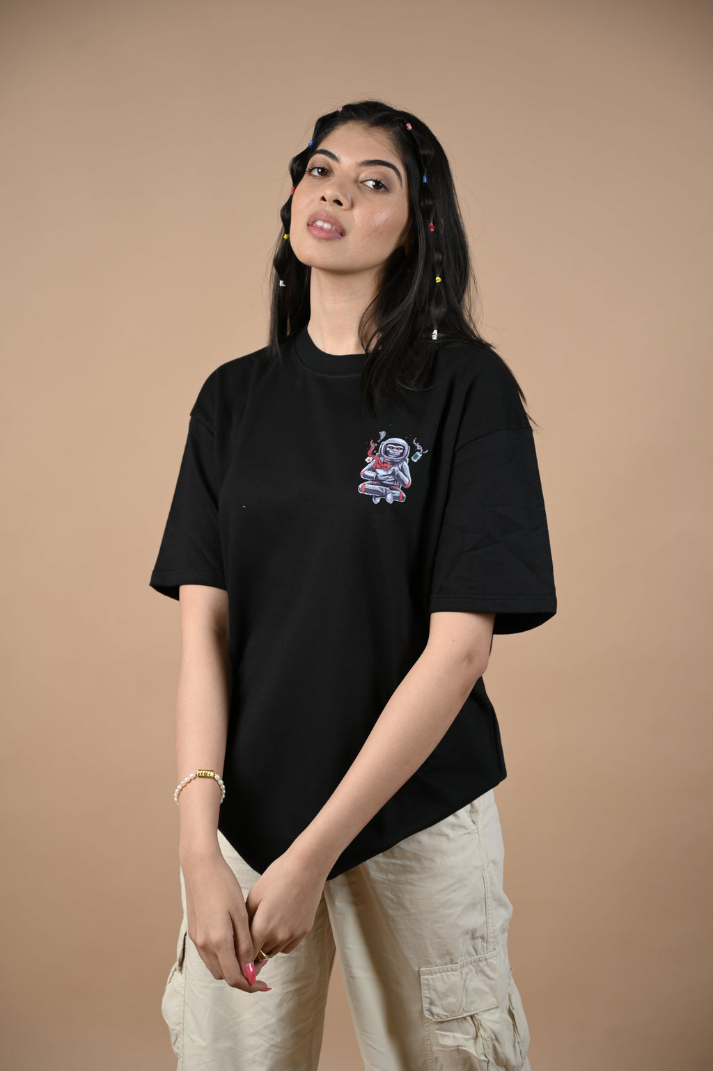 Astronaut 100% Cotton Oversized Black T-shirt by Unfussy with 100% cotton, Black, Casual Wear, Organic, Oversized Fit, Printed, T-Shirts, Unfussy, Unisex, Womenswear at Kamakhyaa for sustainable fashion