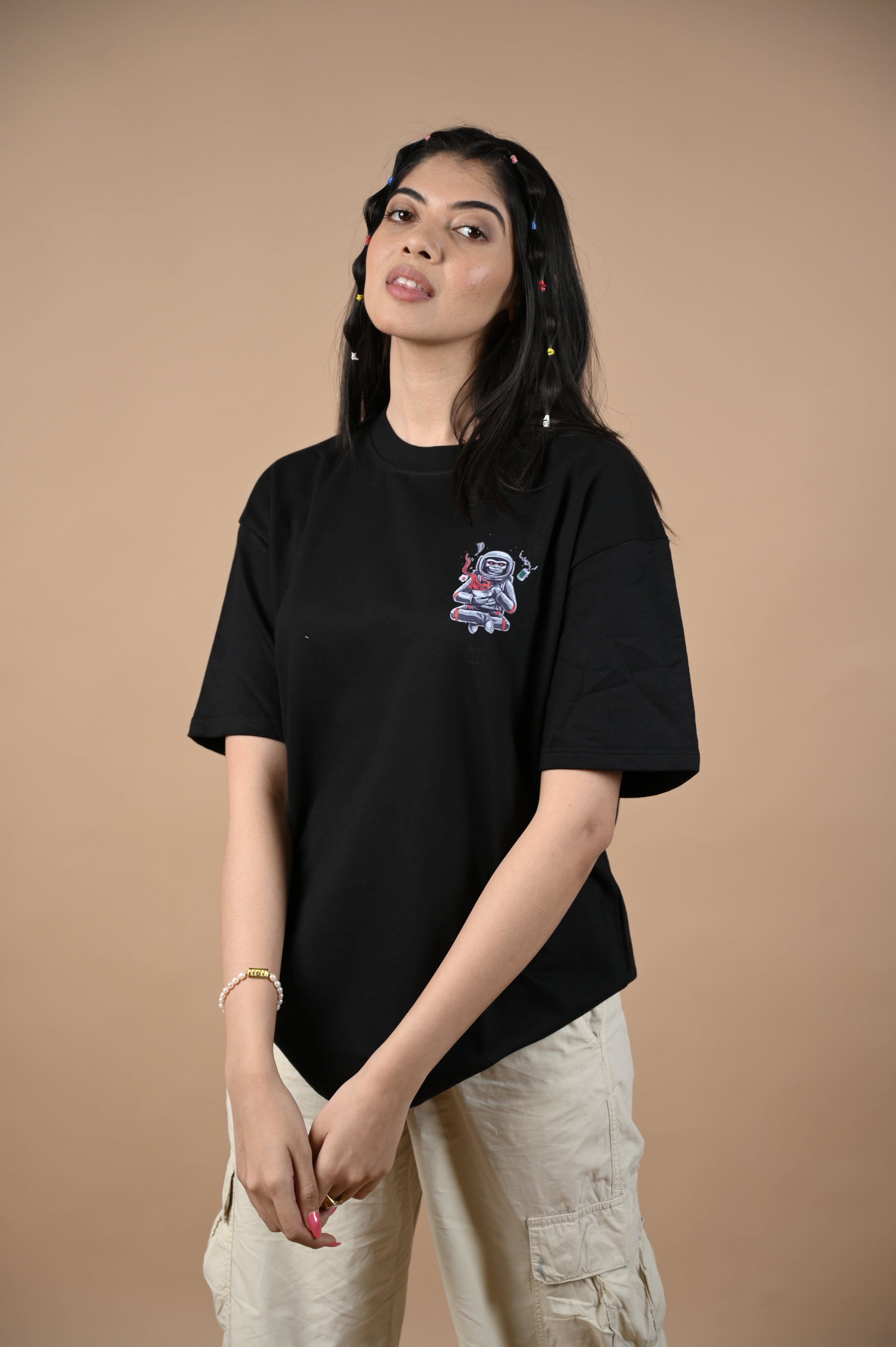 Astronaut 100% Cotton Oversized Black T-shirt by Unfussy with 100% cotton, Black, Casual Wear, Organic, Oversized Fit, Printed, T-Shirts, Unfussy, Unisex, Womenswear at Kamakhyaa for sustainable fashion