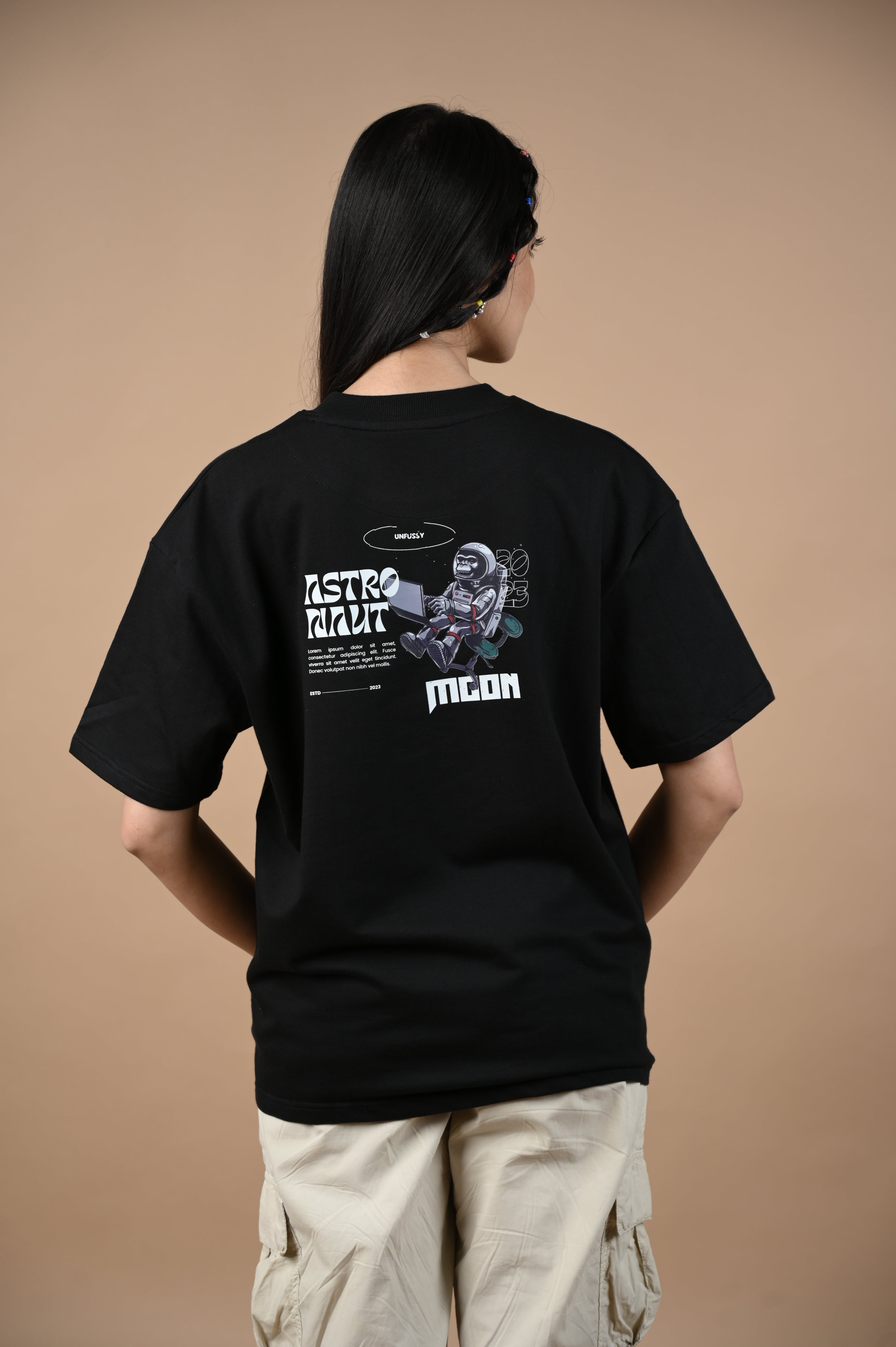 Astronaut 100% Cotton Oversized Black T-shirt by Unfussy with 100% cotton, Black, Casual Wear, Organic, Oversized Fit, Printed, T-Shirts, Unfussy, Unisex, Womenswear at Kamakhyaa for sustainable fashion