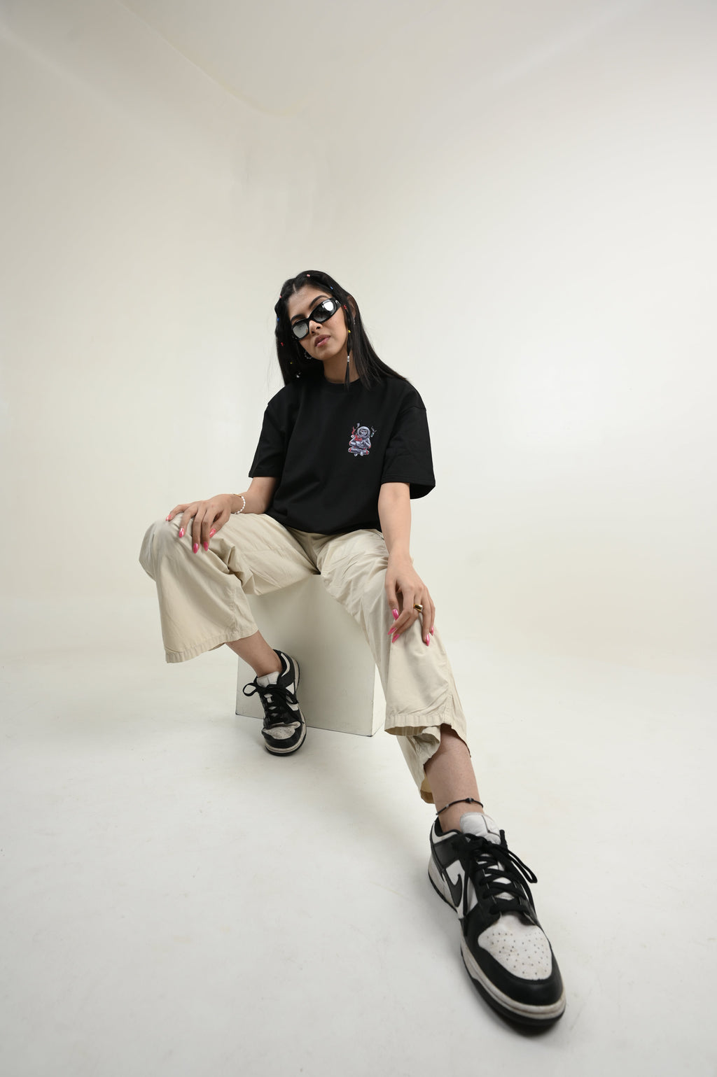 Astronaut 100% Cotton Oversized Black T-shirt by Unfussy with 100% cotton, Black, Casual Wear, Organic, Oversized Fit, Printed, T-Shirts, Unfussy, Unisex, Womenswear at Kamakhyaa for sustainable fashion