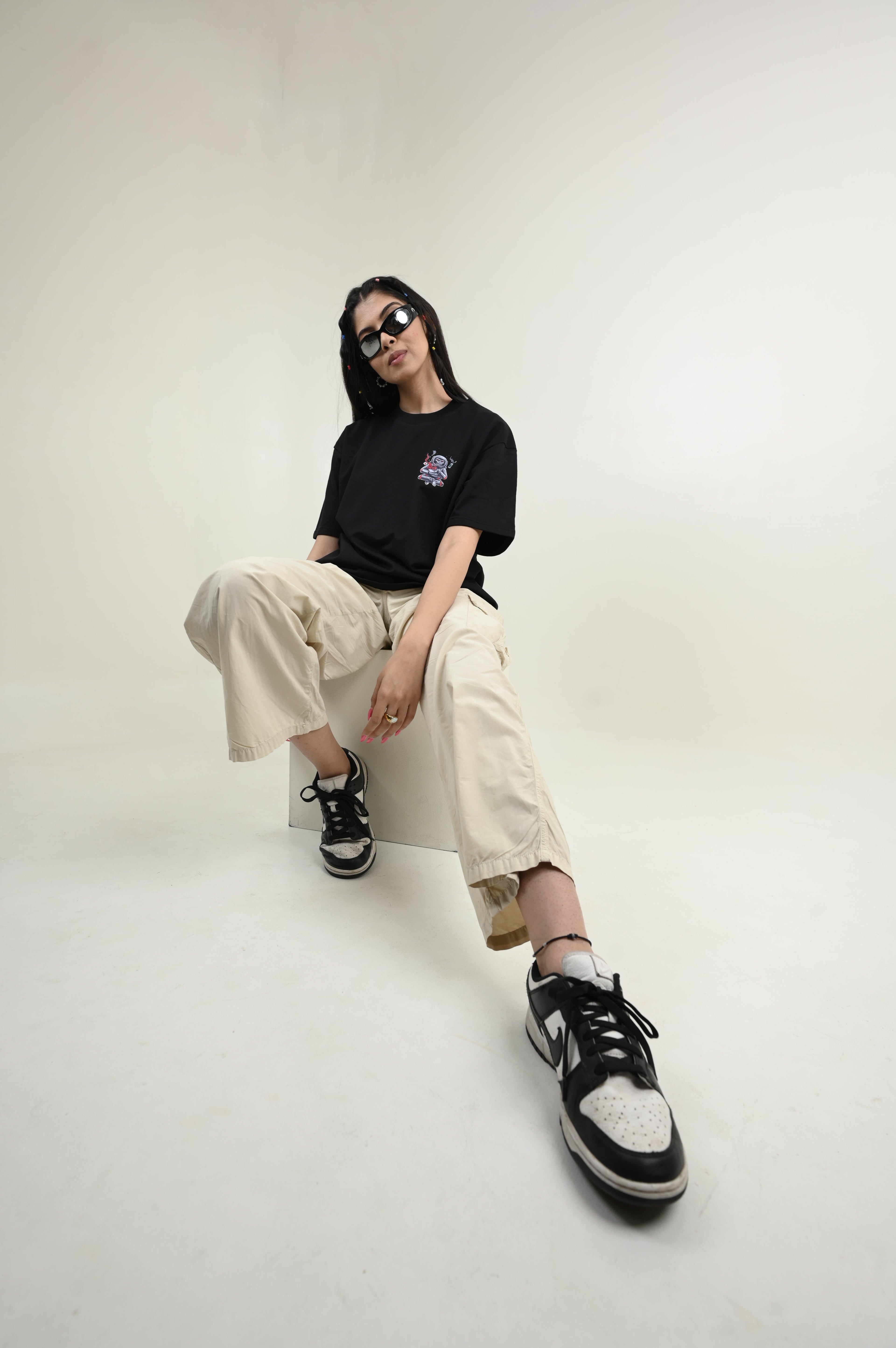 Astronaut 100% Cotton Oversized Black T-shirt by Unfussy with 100% cotton, Black, Casual Wear, Organic, Oversized Fit, Printed, T-Shirts, Unfussy, Unisex, Womenswear at Kamakhyaa for sustainable fashion