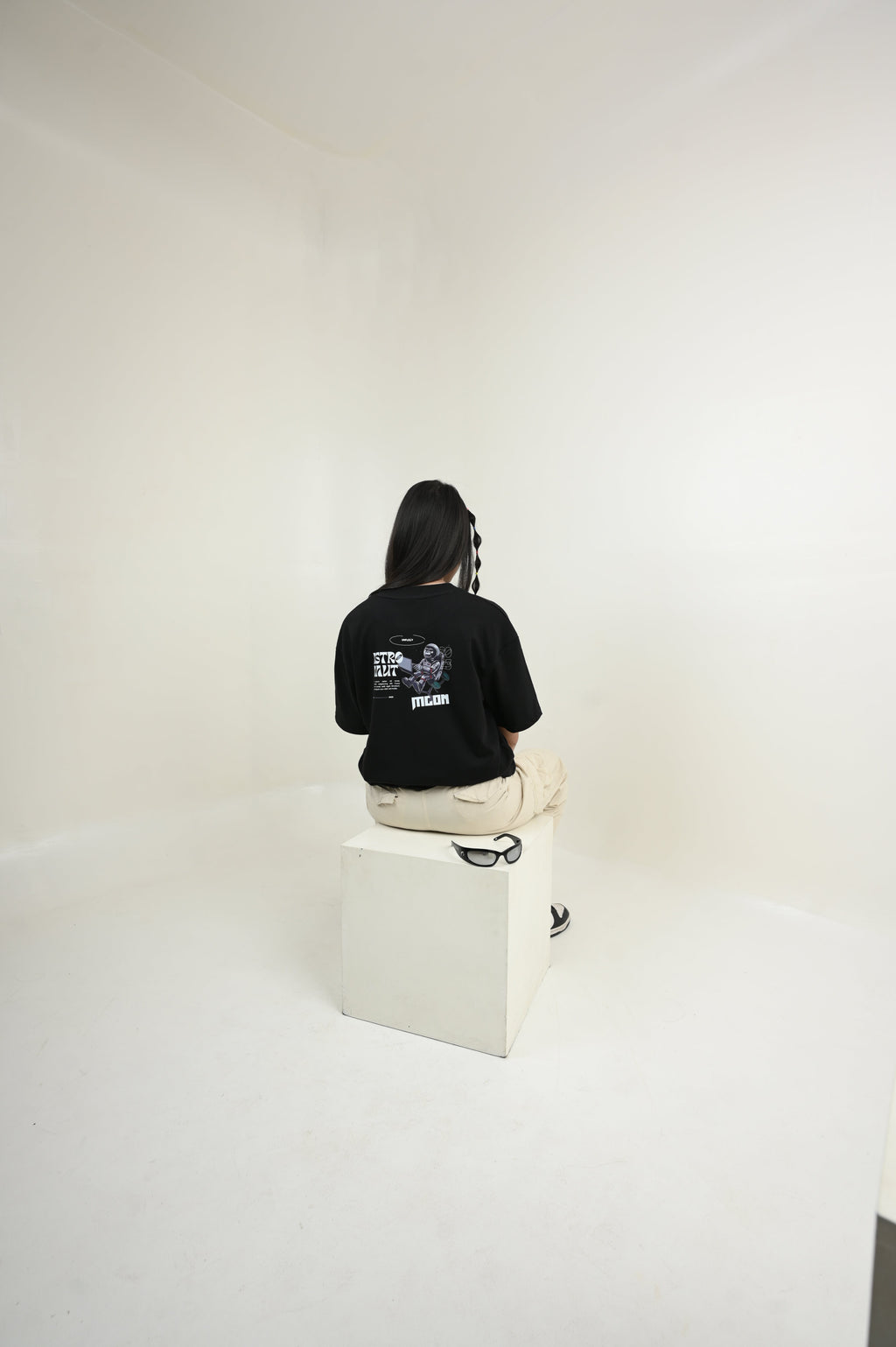 Astronaut 100% Cotton Oversized Black T-shirt by Unfussy with 100% cotton, Black, Casual Wear, Organic, Oversized Fit, Printed, T-Shirts, Unfussy, Unisex, Womenswear at Kamakhyaa for sustainable fashion