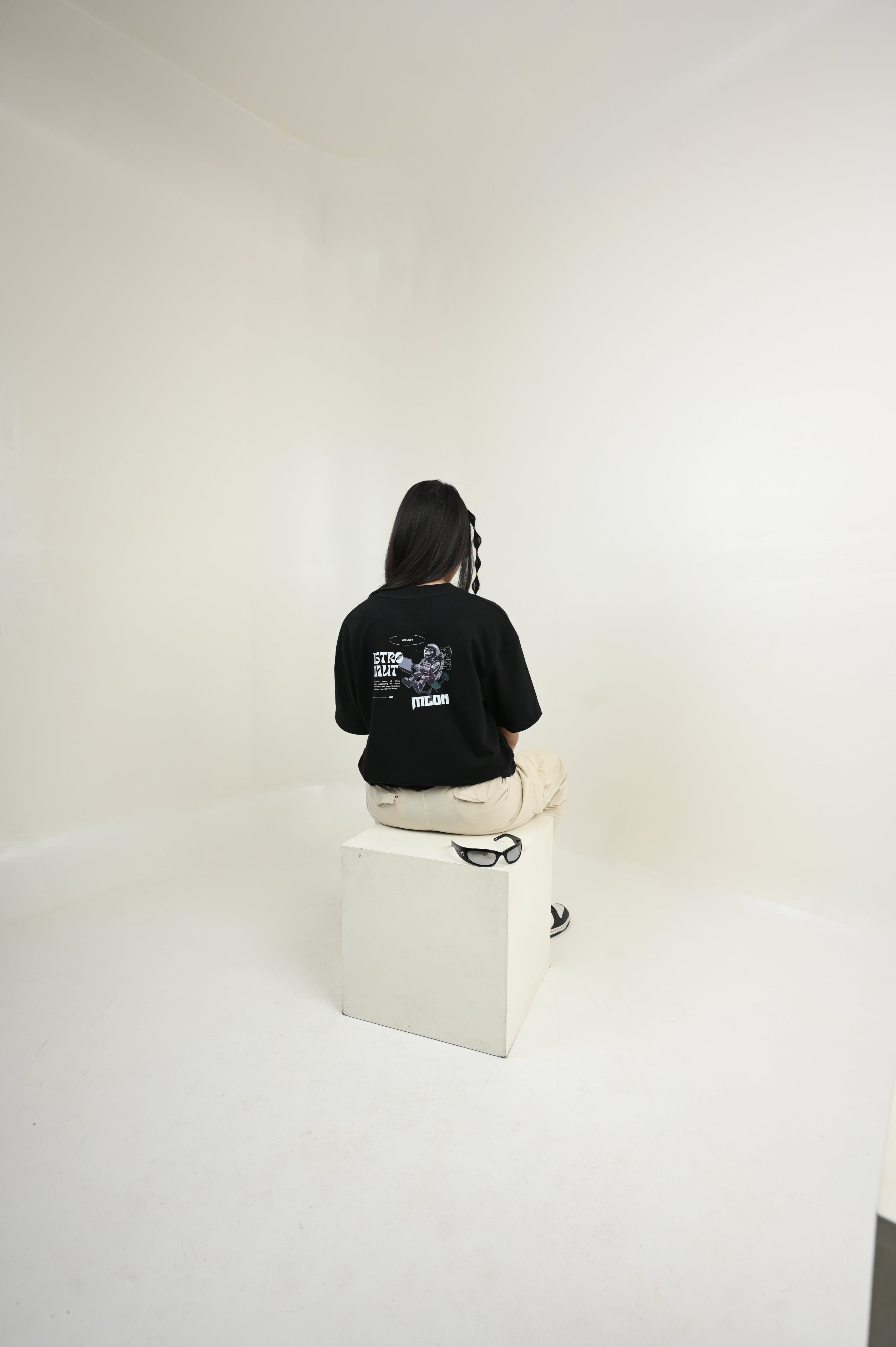 Astronaut 100% Cotton Oversized Black T-shirt by Unfussy with 100% cotton, Black, Casual Wear, Organic, Oversized Fit, Printed, T-Shirts, Unfussy, Unisex, Womenswear at Kamakhyaa for sustainable fashion