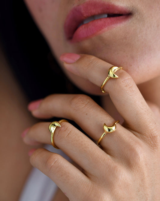 Gold Brass Stackable Moon Rings by The Loom Art with Brass, Cosmic Dream by The Loom Art, Fashion Jewellery, Free Size, Gold, Gold Plated, jewelry, Less than $50, Natural, Rings at Kamakhyaa for sustainable fashion
