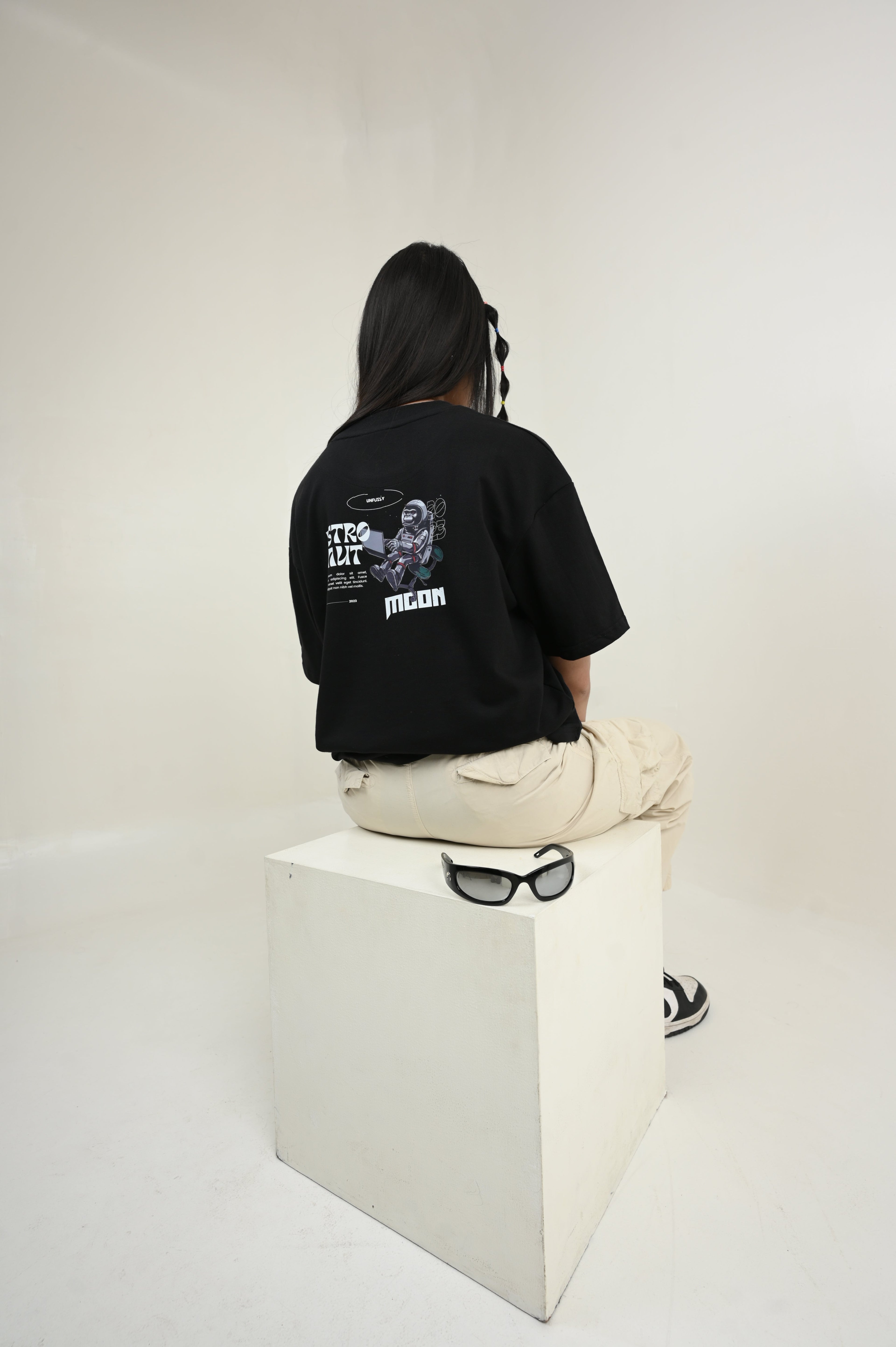 Astronaut 100% Cotton Oversized Black T-shirt by Unfussy with 100% cotton, Black, Casual Wear, Organic, Oversized Fit, Printed, T-Shirts, Unfussy, Unisex, Womenswear at Kamakhyaa for sustainable fashion