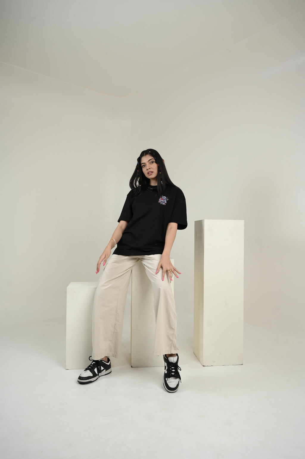 Astronaut 100% Cotton Oversized Black T-shirt by Unfussy with 100% cotton, Black, Casual Wear, Organic, Oversized Fit, Printed, T-Shirts, Unfussy, Unisex, Womenswear at Kamakhyaa for sustainable fashion