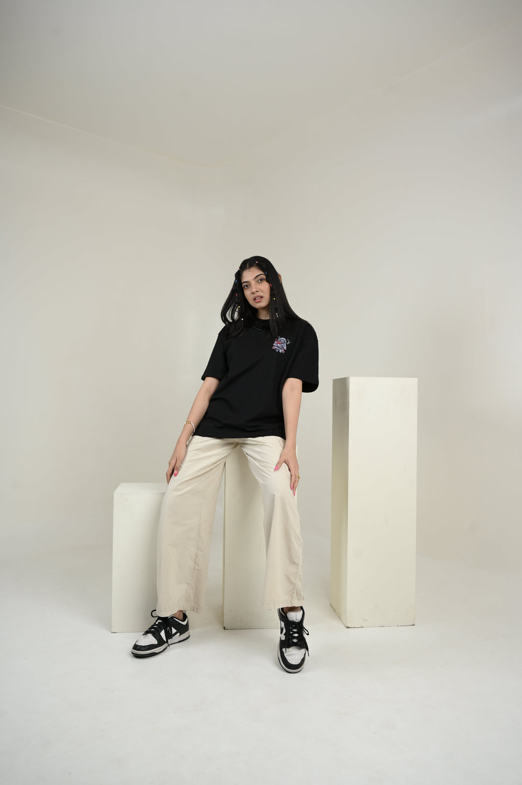 Astronaut 100% Cotton Oversized Black T-shirt by Unfussy with 100% cotton, Black, Casual Wear, Organic, Oversized Fit, Printed, T-Shirts, Unfussy, Unisex, Womenswear at Kamakhyaa for sustainable fashion