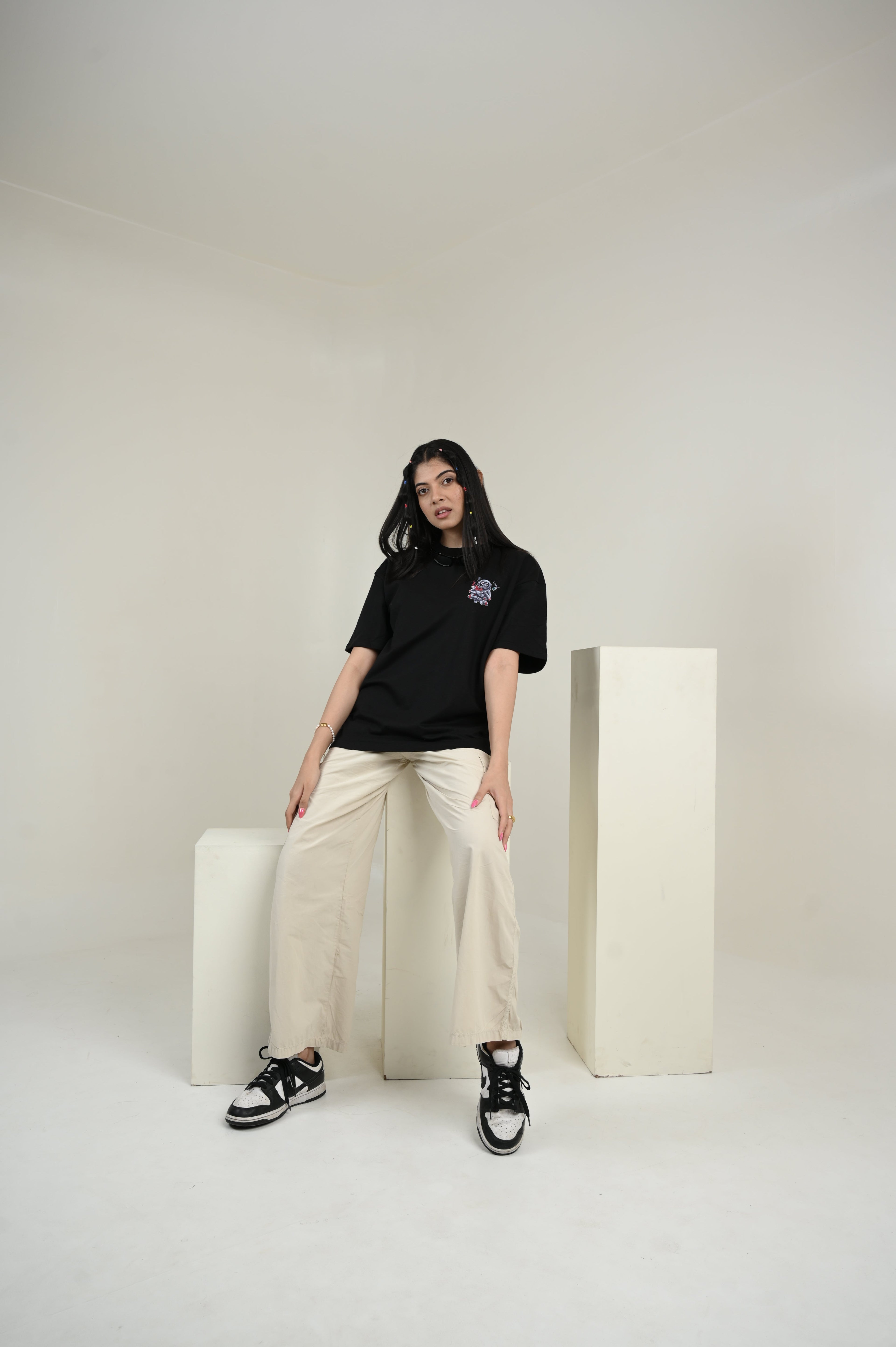 Astronaut 100% Cotton Oversized Black T-shirt by Unfussy with 100% cotton, Black, Casual Wear, Organic, Oversized Fit, Printed, T-Shirts, Unfussy, Unisex, Womenswear at Kamakhyaa for sustainable fashion