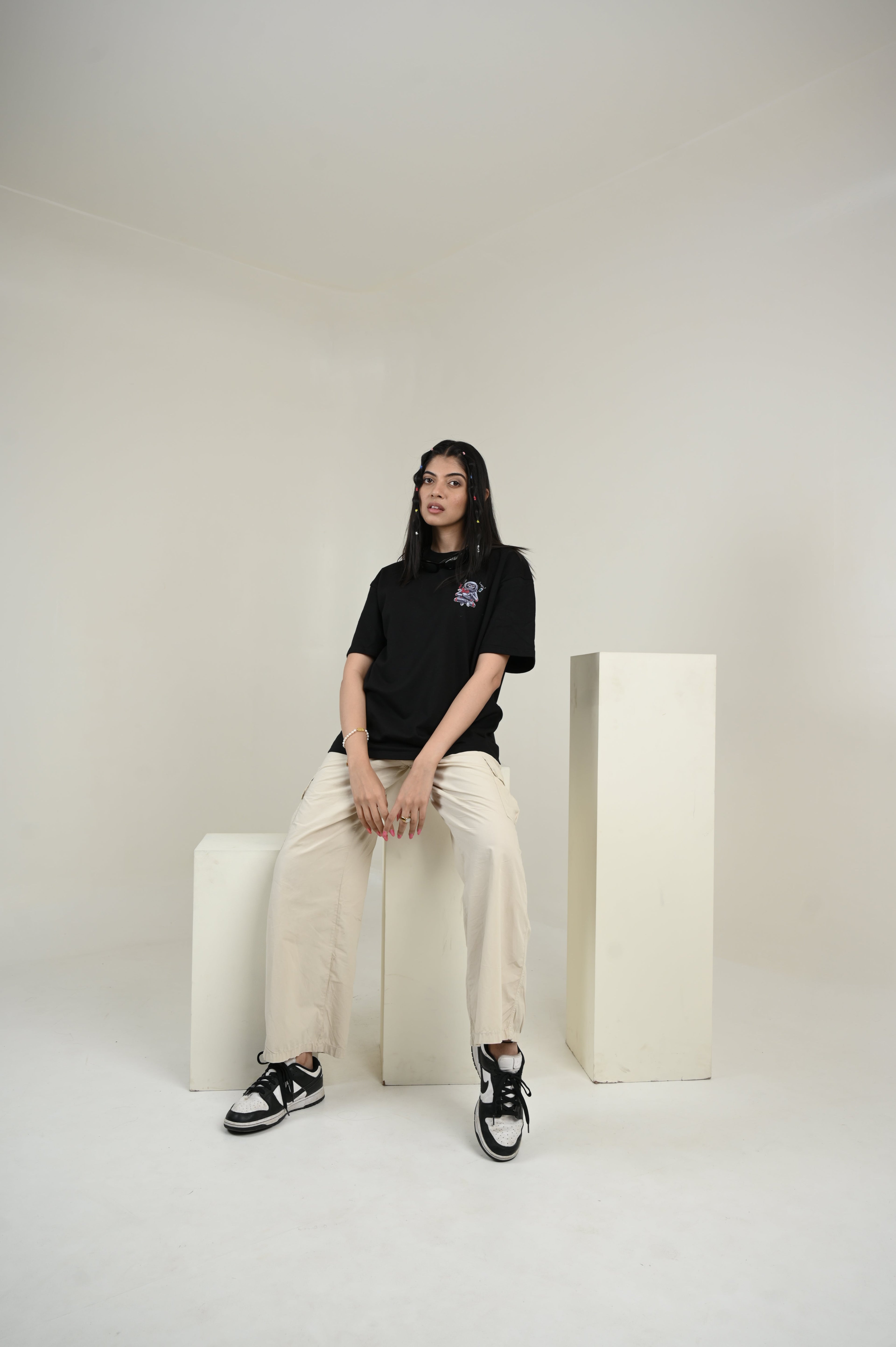 Astronaut 100% Cotton Oversized Black T-shirt by Unfussy with 100% cotton, Black, Casual Wear, Organic, Oversized Fit, Printed, T-Shirts, Unfussy, Unisex, Womenswear at Kamakhyaa for sustainable fashion