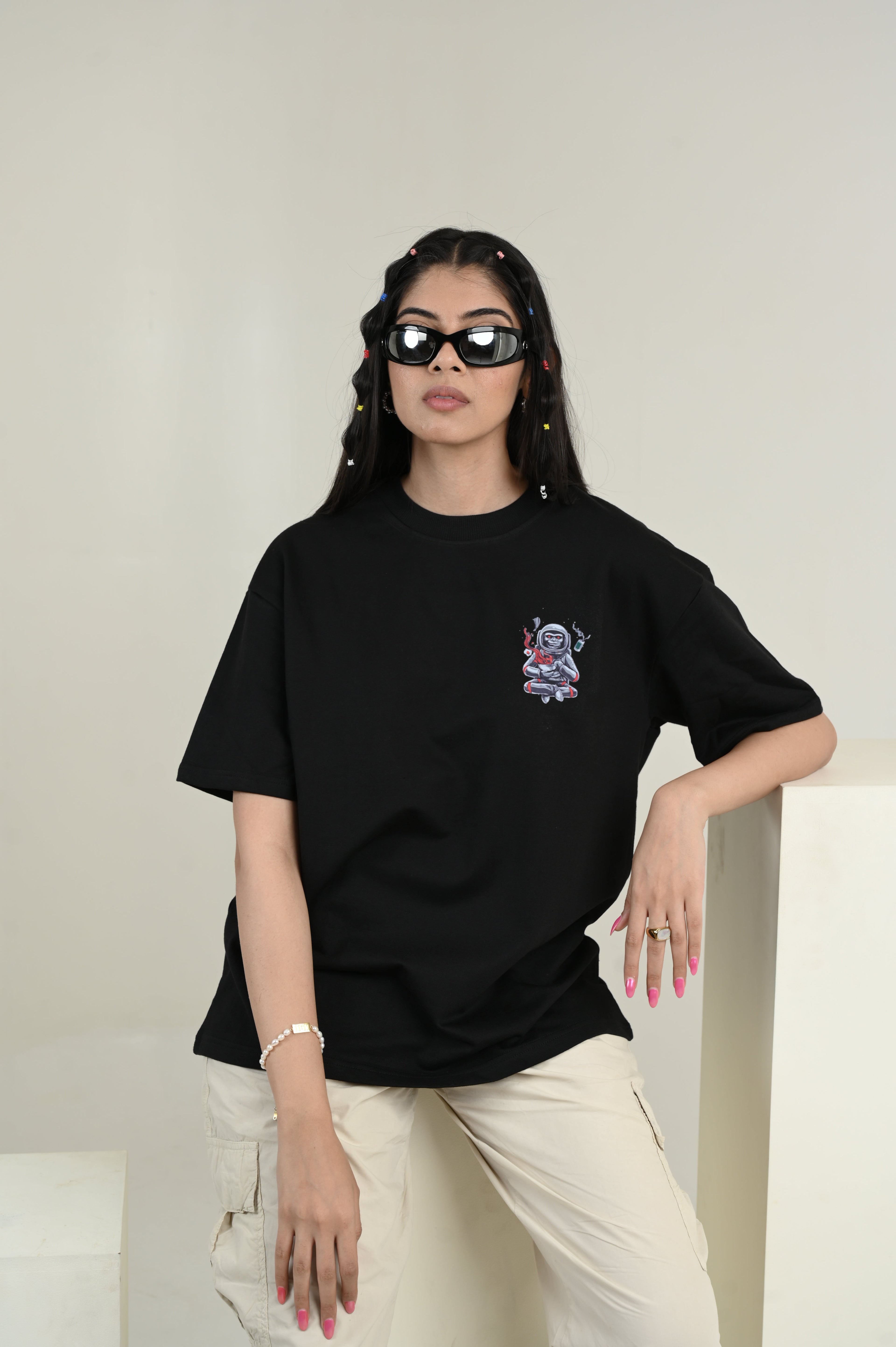 Astronaut 100% Cotton Oversized Black T-shirt by Unfussy with 100% cotton, Black, Casual Wear, Organic, Oversized Fit, Printed, T-Shirts, Unfussy, Unisex, Womenswear at Kamakhyaa for sustainable fashion