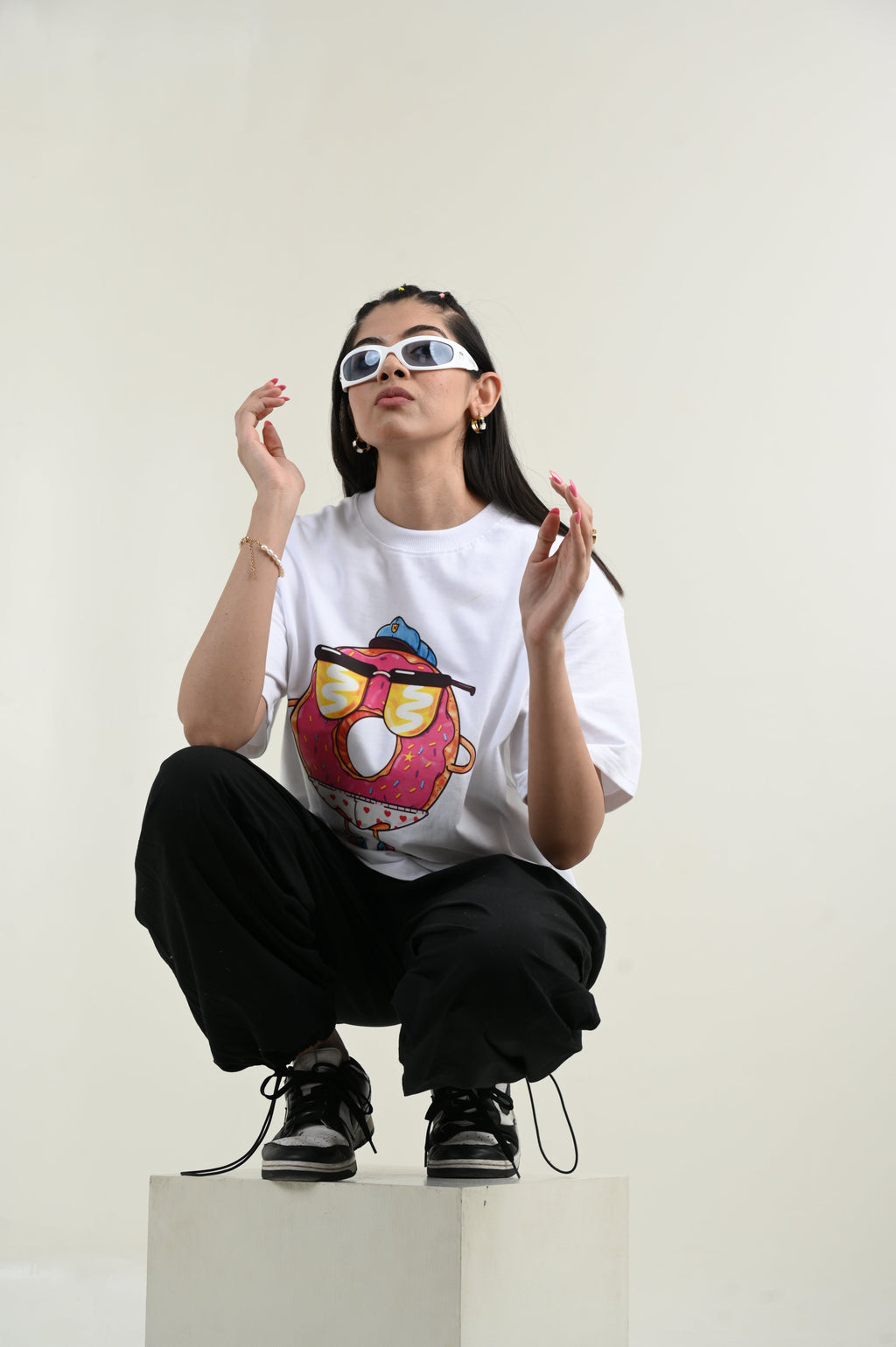 Donut Love 100% Cotton Oversized White T-shirt by Unfussy with 100% cotton, Casual Wear, Organic, Oversized Fit, Printed, T-Shirts, Unfussy, Unisex, White, Womenswear at Kamakhyaa for sustainable fashion