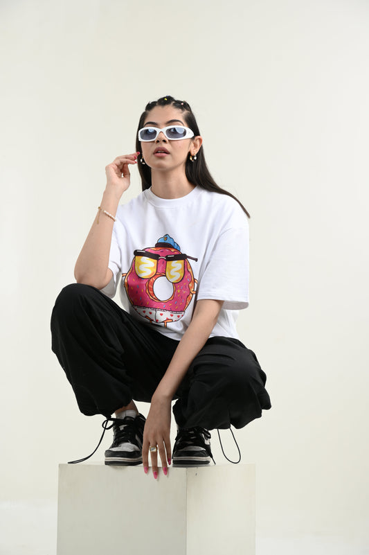 Donut Love 100% Cotton Oversized White T-shirt by Unfussy with 100% cotton, Casual Wear, Organic, Oversized Fit, Printed, T-Shirts, Unfussy, Unisex, White, Womenswear at Kamakhyaa for sustainable fashion