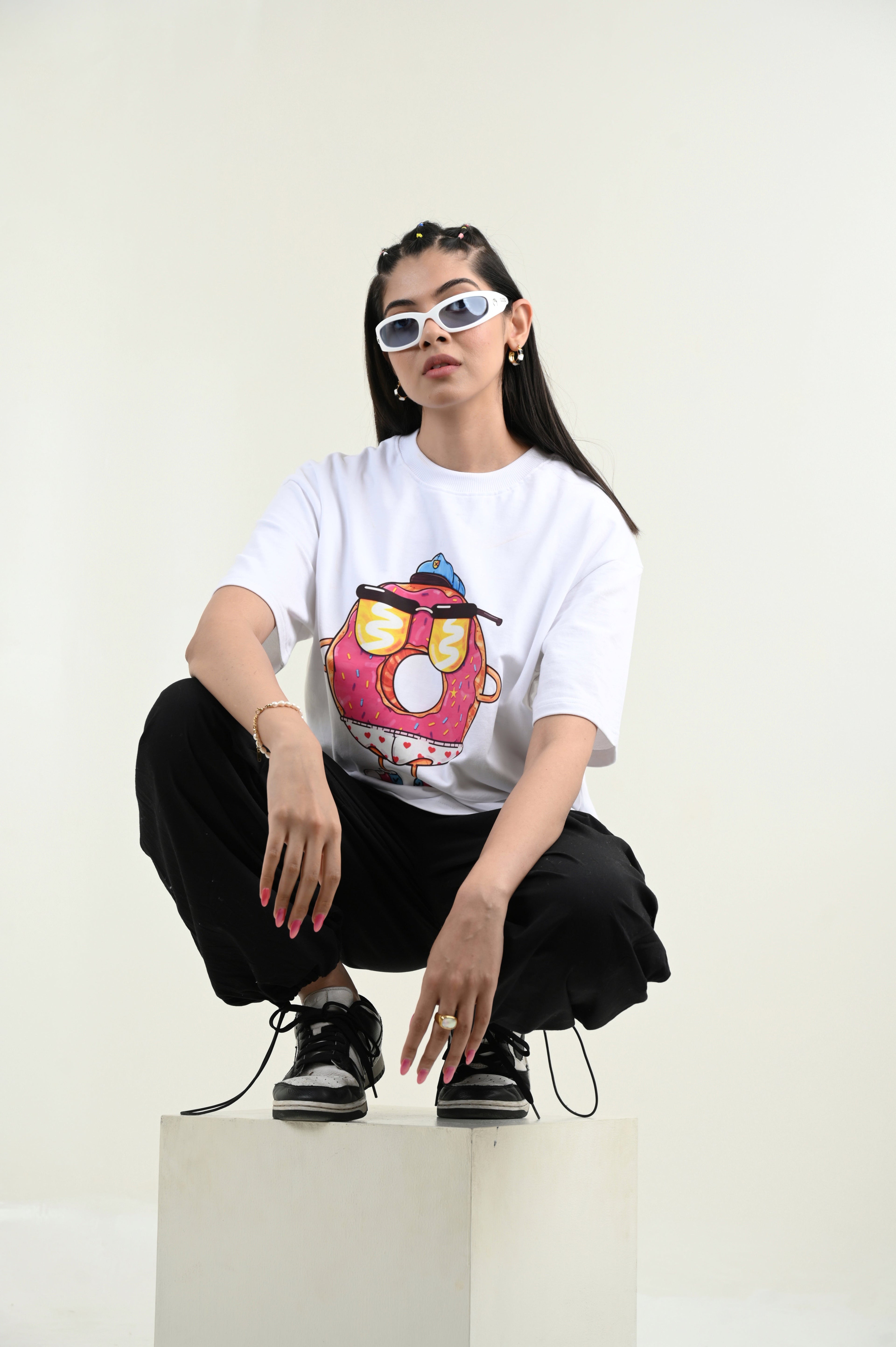 Donut Love 100% Cotton Oversized White T-shirt by Unfussy with 100% cotton, Casual Wear, Organic, Oversized Fit, Printed, T-Shirts, Unfussy, Unisex, White, Womenswear at Kamakhyaa for sustainable fashion