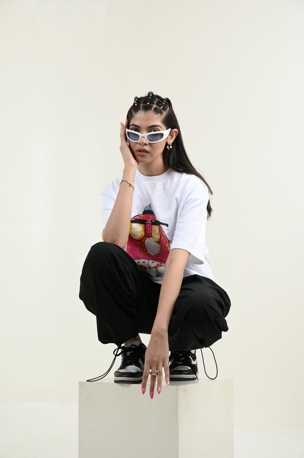 Donut Love 100% Cotton Oversized White T-shirt by Unfussy with 100% cotton, Casual Wear, Organic, Oversized Fit, Printed, T-Shirts, Unfussy, Unisex, White, Womenswear at Kamakhyaa for sustainable fashion