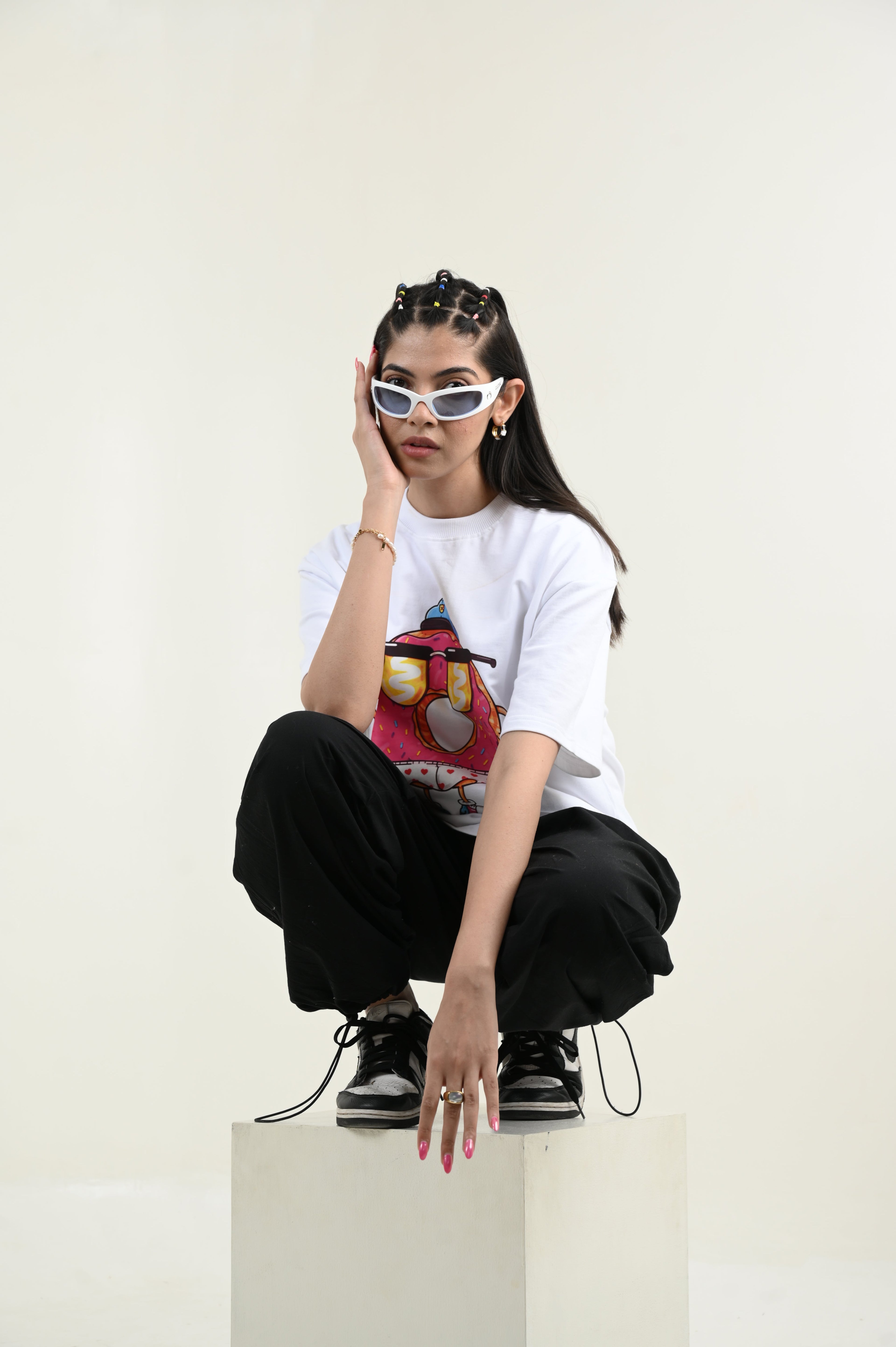 Donut Love 100% Cotton Oversized White T-shirt by Unfussy with 100% cotton, Casual Wear, Organic, Oversized Fit, Printed, T-Shirts, Unfussy, Unisex, White, Womenswear at Kamakhyaa for sustainable fashion