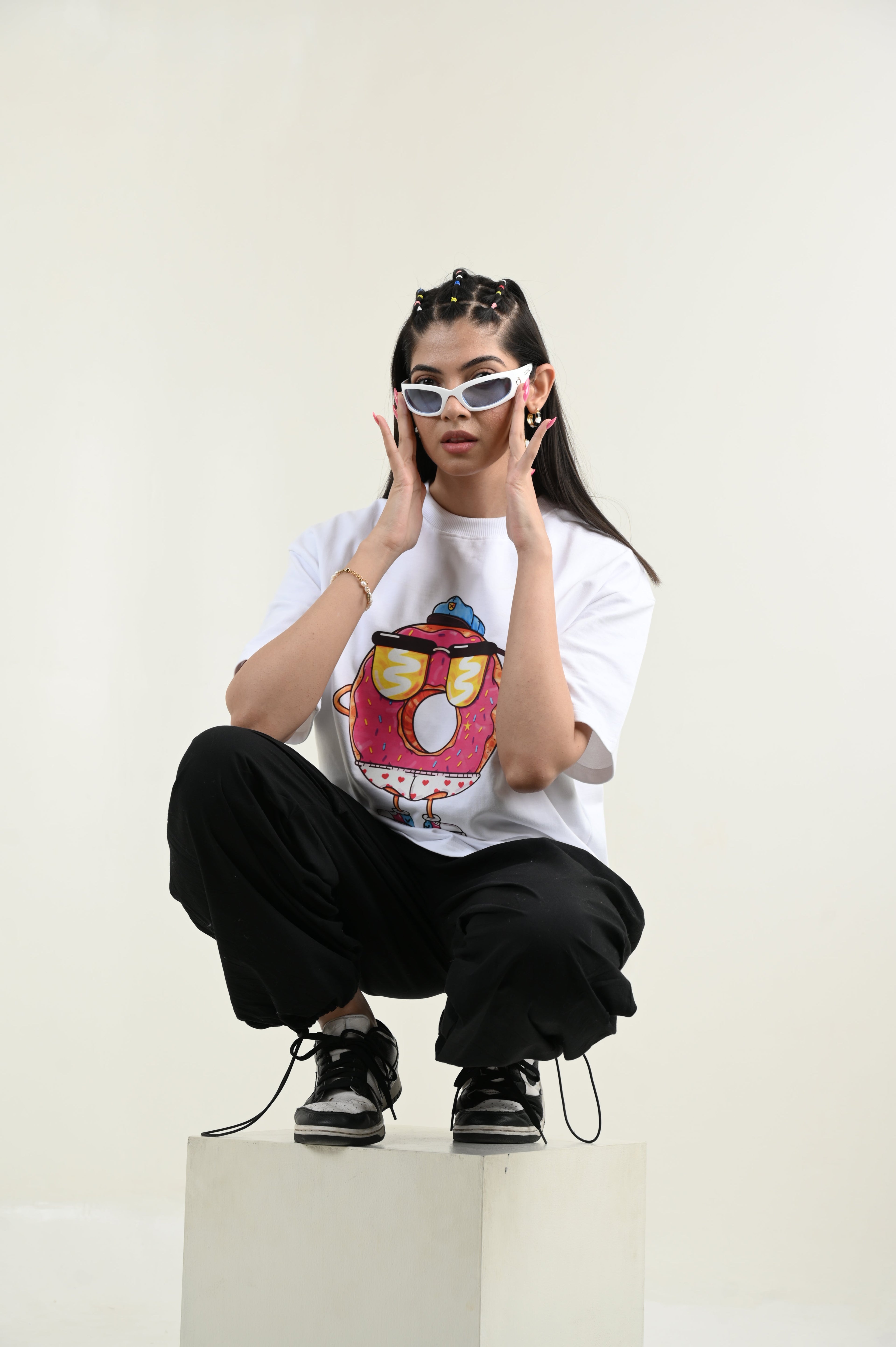 Donut Love 100% Cotton Oversized White T-shirt by Unfussy with 100% cotton, Casual Wear, Organic, Oversized Fit, Printed, T-Shirts, Unfussy, Unisex, White, Womenswear at Kamakhyaa for sustainable fashion