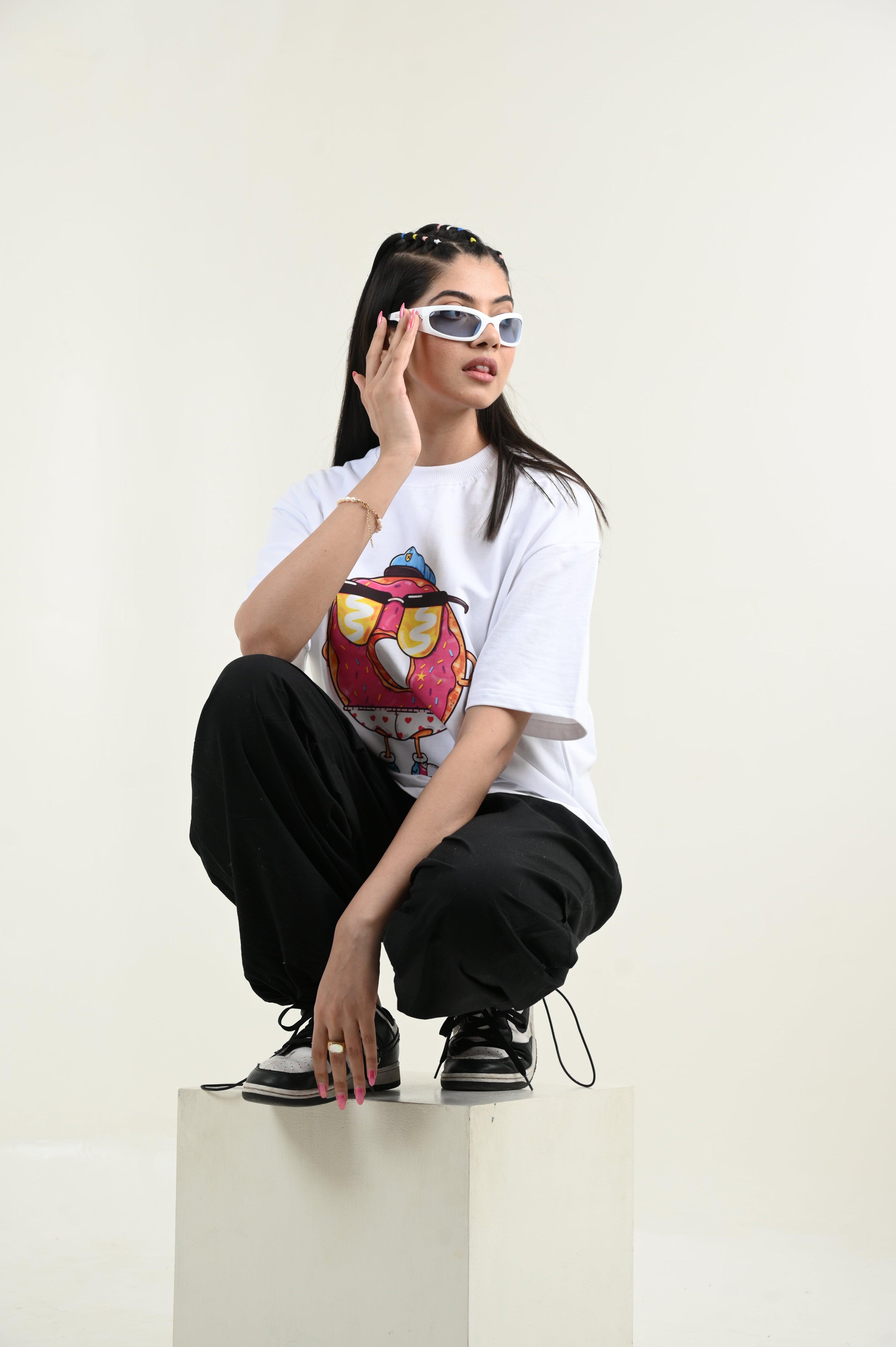 Donut Love 100% Cotton Oversized White T-shirt by Unfussy with 100% cotton, Casual Wear, Organic, Oversized Fit, Printed, T-Shirts, Unfussy, Unisex, White, Womenswear at Kamakhyaa for sustainable fashion