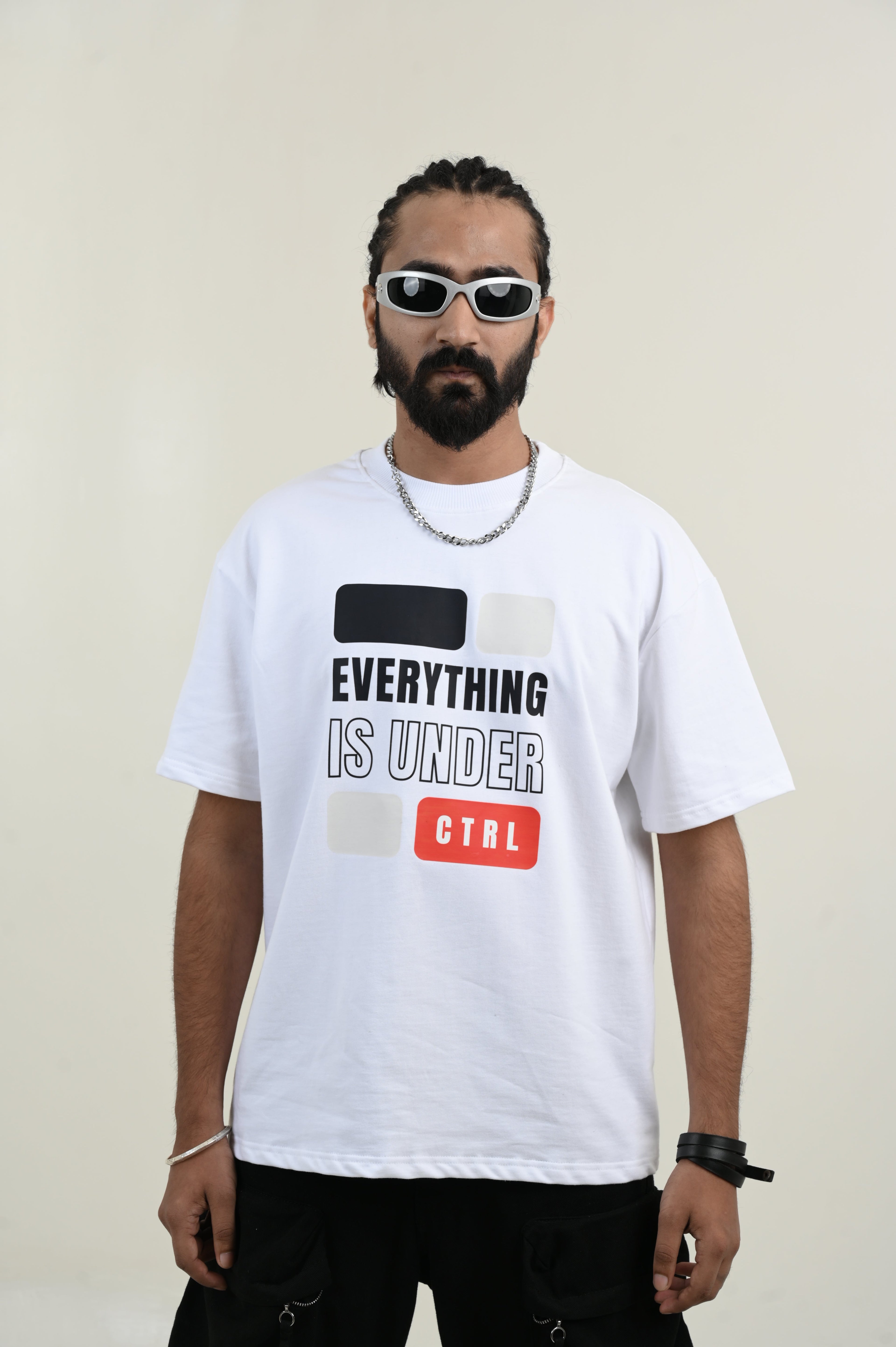 Under Control 100% Cotton Oversized White T-shirt by Unfussy with 100% cotton, Casual Wear, Organic, Oversized Fit, Printed, T-Shirts, Unfussy, Unisex, White, Womenswear at Kamakhyaa for sustainable fashion