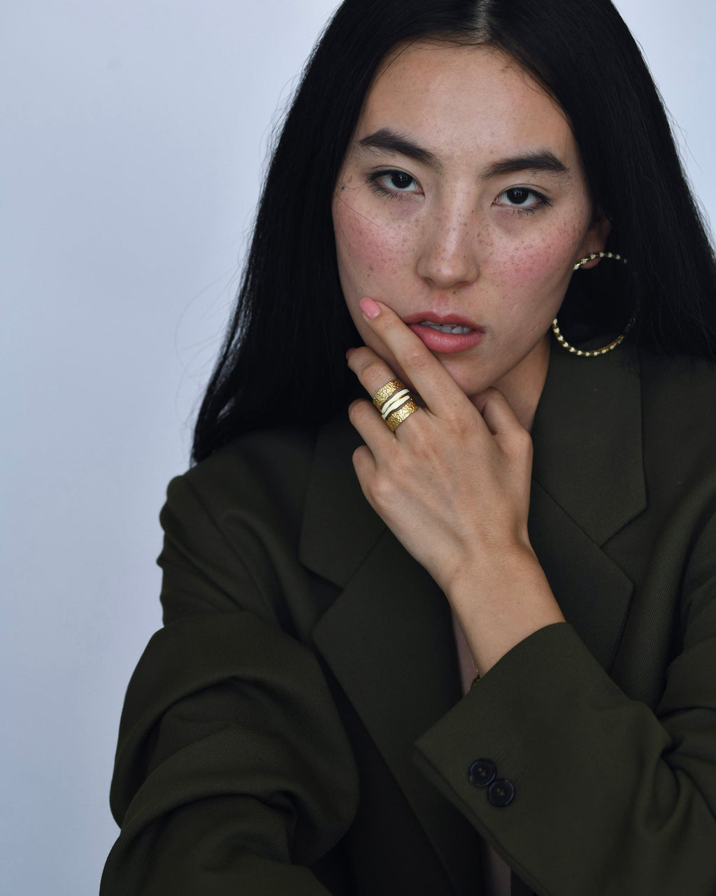 Gold Brass Pearl Enamel Stackable Rings by The Loom Art with Brass, Cosmic Dream by The Loom Art, Fashion Jewellery, For Daughter, Free Size, Gold, Gold Plated, jewelry, Less than $50, Natural, Rings, Solids, Textured at Kamakhyaa for sustainable fashion