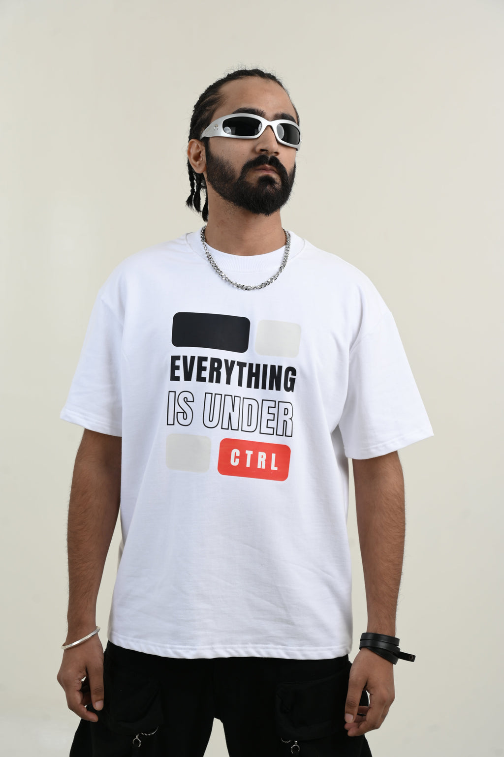 Under Control 100% Cotton Oversized White T-shirt by Unfussy with 100% cotton, Casual Wear, Organic, Oversized Fit, Printed, T-Shirts, Unfussy, Unisex, White, Womenswear at Kamakhyaa for sustainable fashion