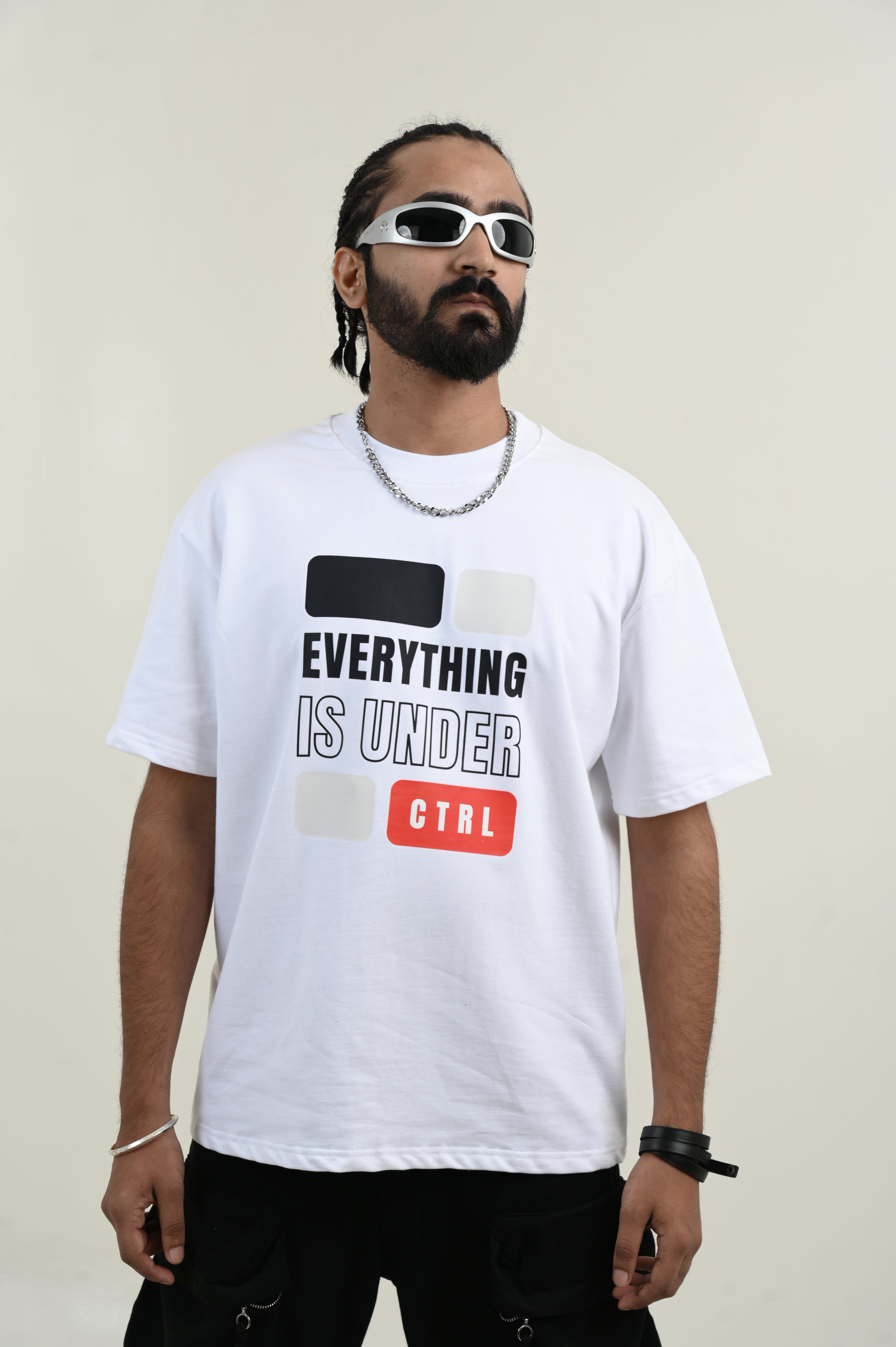 Under Control 100% Cotton Oversized White T-shirt by Unfussy with 100% cotton, Casual Wear, Organic, Oversized Fit, Printed, T-Shirts, Unfussy, Unisex, White, Womenswear at Kamakhyaa for sustainable fashion