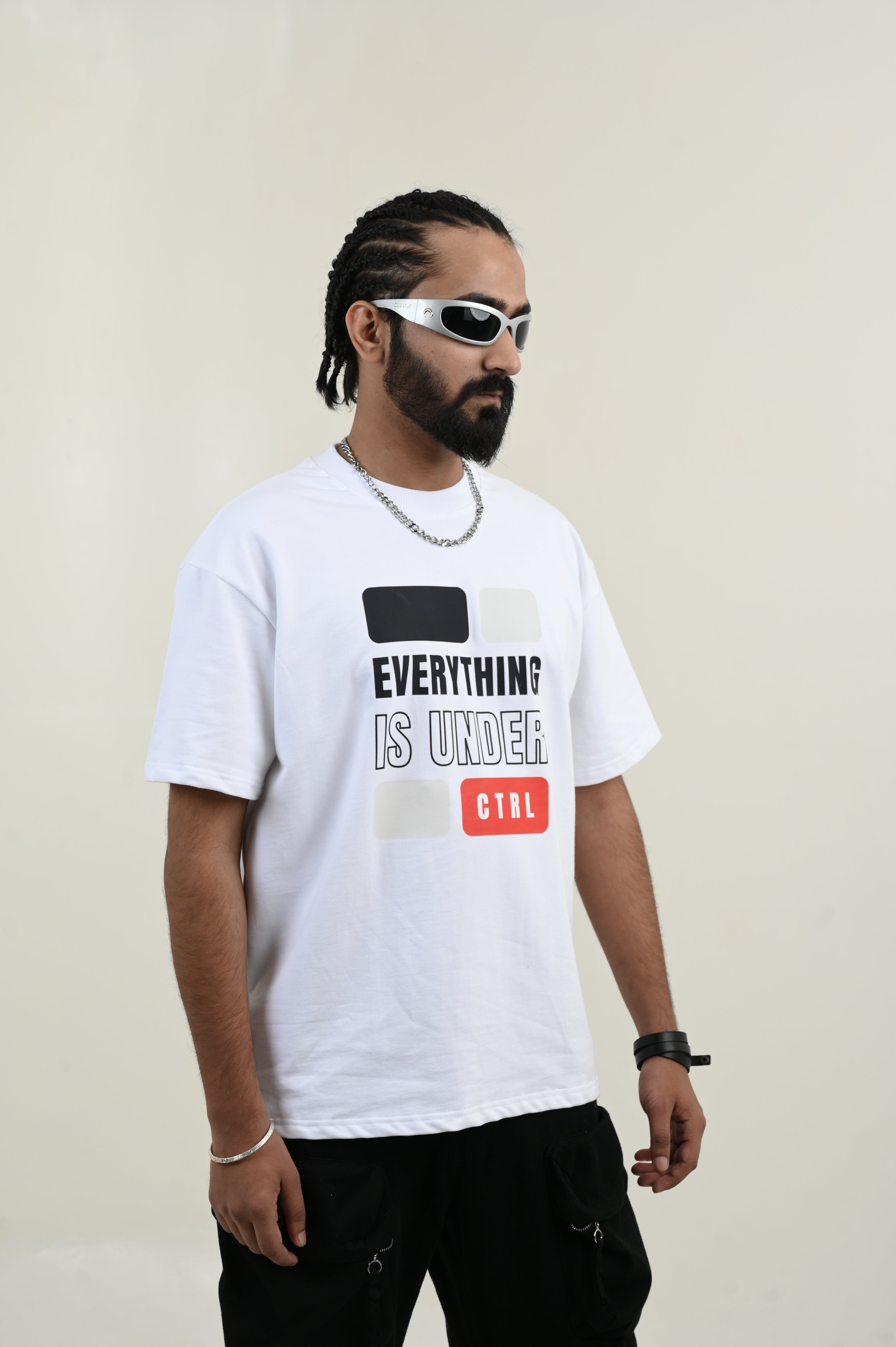 Under Control 100% Cotton Oversized White T-shirt by Unfussy with 100% cotton, Casual Wear, Organic, Oversized Fit, Printed, T-Shirts, Unfussy, Unisex, White, Womenswear at Kamakhyaa for sustainable fashion