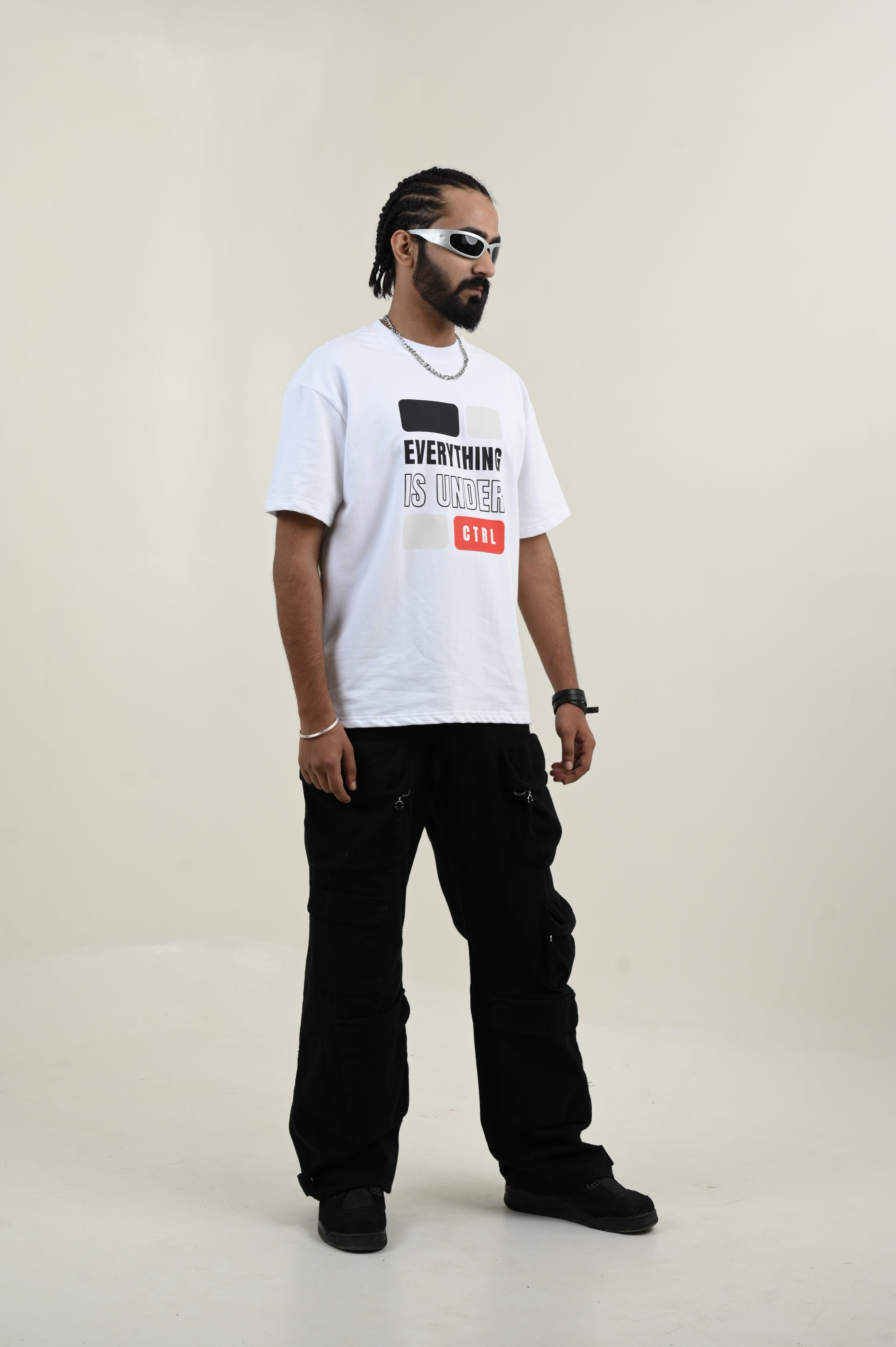 Under Control 100% Cotton Oversized White T-shirt by Unfussy with 100% cotton, Casual Wear, Organic, Oversized Fit, Printed, T-Shirts, Unfussy, Unisex, White, Womenswear at Kamakhyaa for sustainable fashion