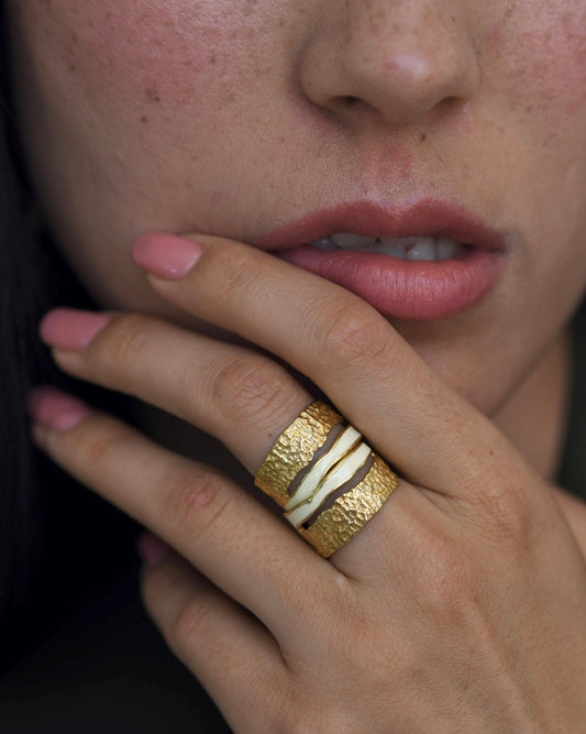 Gold Brass Pearl Enamel Stackable Rings by The Loom Art with Brass, Cosmic Dream by The Loom Art, Fashion Jewellery, For Daughter, Free Size, Gold, Gold Plated, jewelry, Less than $50, Natural, Rings, Solids, Textured at Kamakhyaa for sustainable fashion