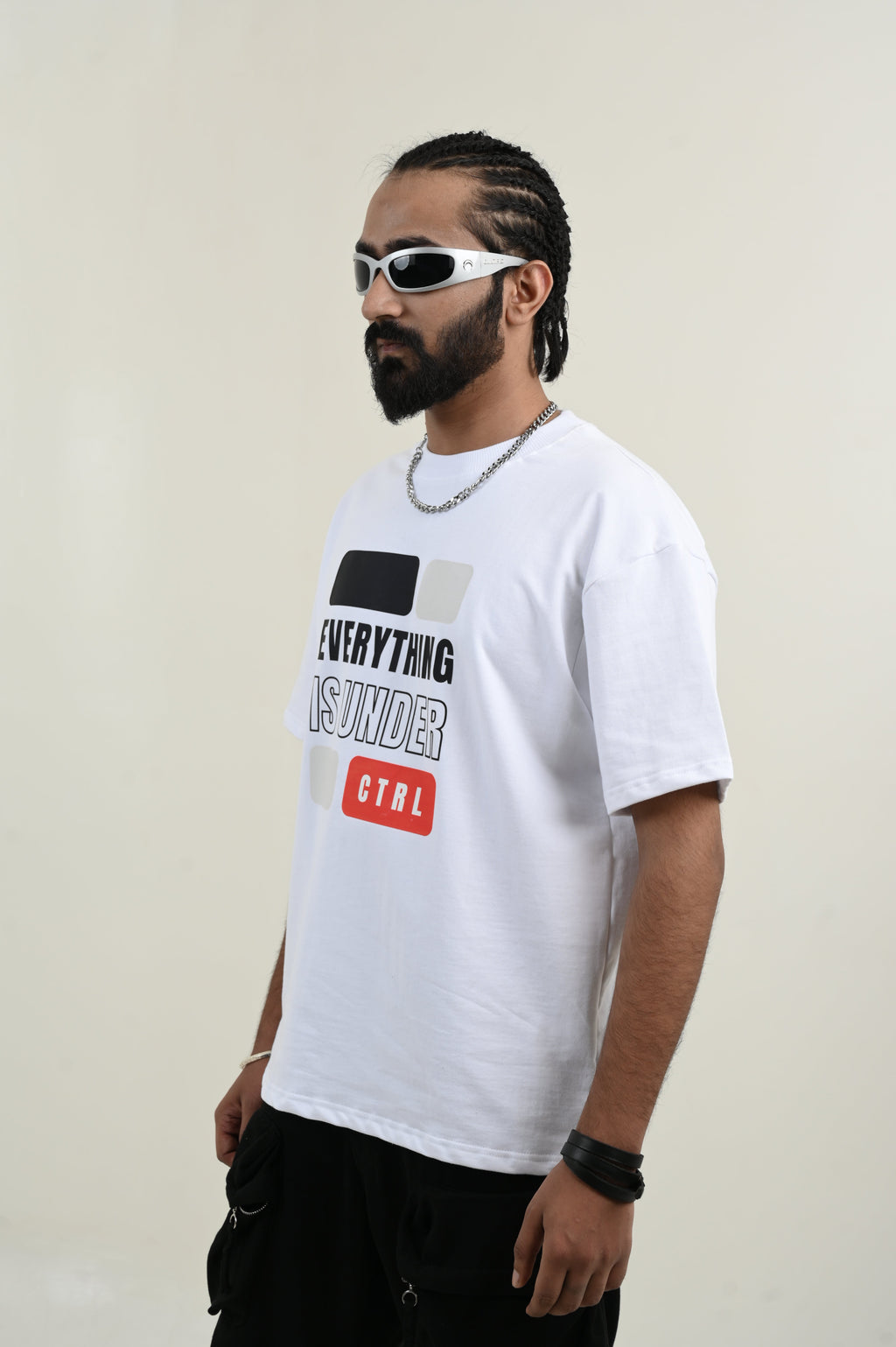 Under Control 100% Cotton Oversized White T-shirt by Unfussy with 100% cotton, Casual Wear, Organic, Oversized Fit, Printed, T-Shirts, Unfussy, Unisex, White, Womenswear at Kamakhyaa for sustainable fashion