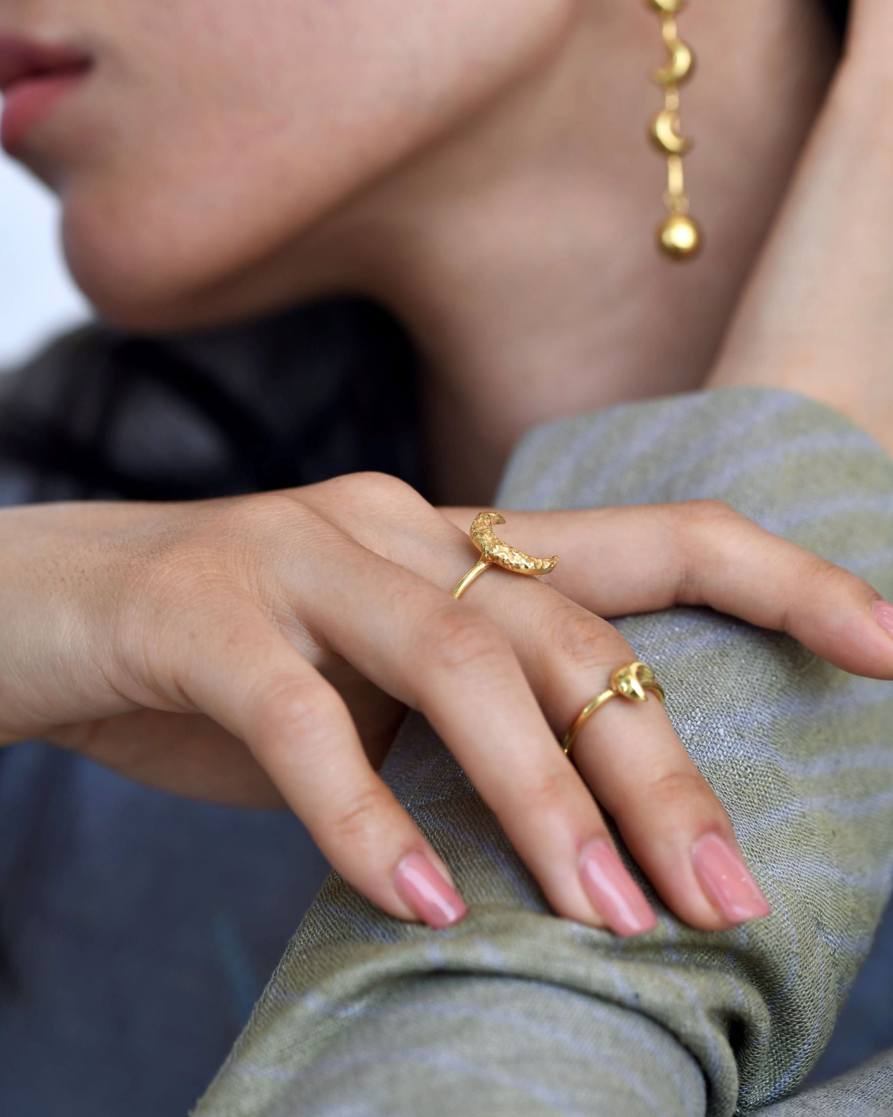 Gold Brass Crescent Moon Ring by The Loom Art with Brass, Cosmic Dream by The Loom Art, Fashion Jewellery, Free Size, Gold, Gold Plated, jewelry, Less than $50, Natural, Products less than $25, Rings, Textured at Kamakhyaa for sustainable fashion