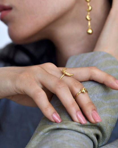 Gold Brass Crescent Moon Ring by The Loom Art with Brass, Cosmic Dream by The Loom Art, Fashion Jewellery, Free Size, Gold, Gold Plated, jewelry, Less than $50, Natural, Products less than $25, Rings, Textured at Kamakhyaa for sustainable fashion