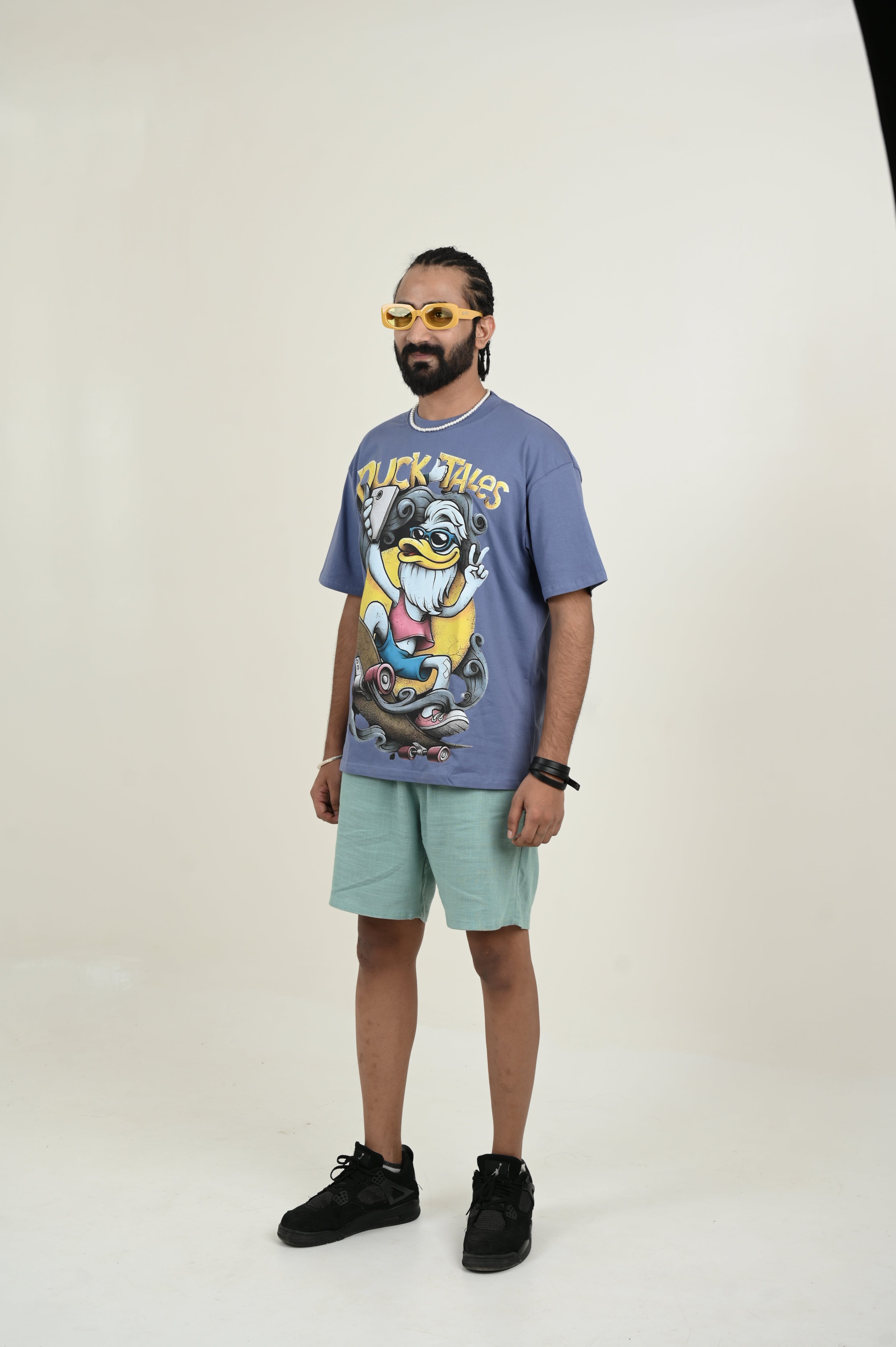 Duck Tales 100% Cotton Oversized Blue T-shirt by Unfussy with 100% cotton, Blue, Casual Wear, Organic, Oversized Fit, Printed, T-Shirts, Unfussy, Unisex, Womenswear at Kamakhyaa for sustainable fashion