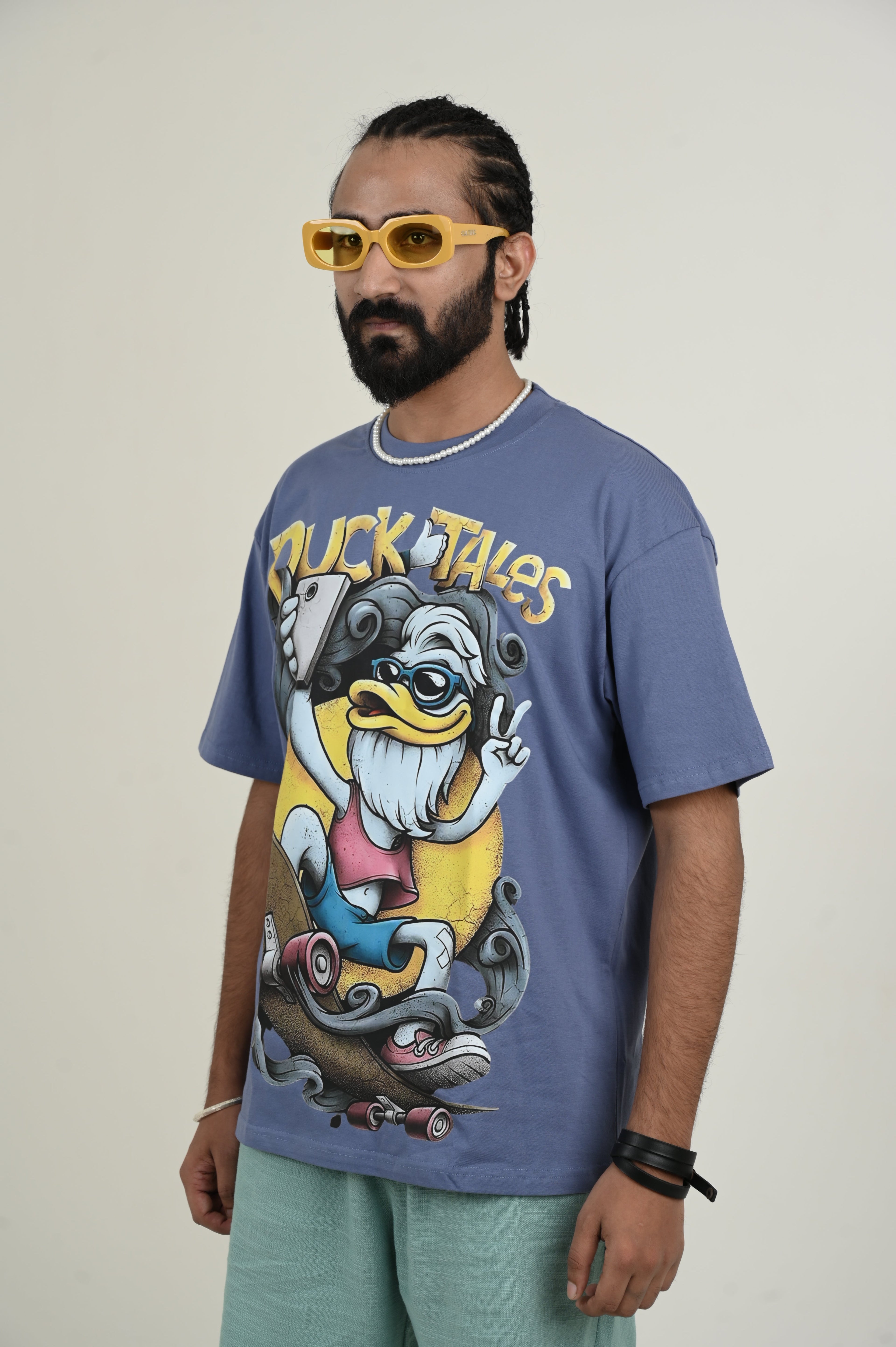 Duck Tales 100% Cotton Oversized Blue T-shirt by Unfussy with 100% cotton, Blue, Casual Wear, Organic, Oversized Fit, Printed, T-Shirts, Unfussy, Unisex, Womenswear at Kamakhyaa for sustainable fashion