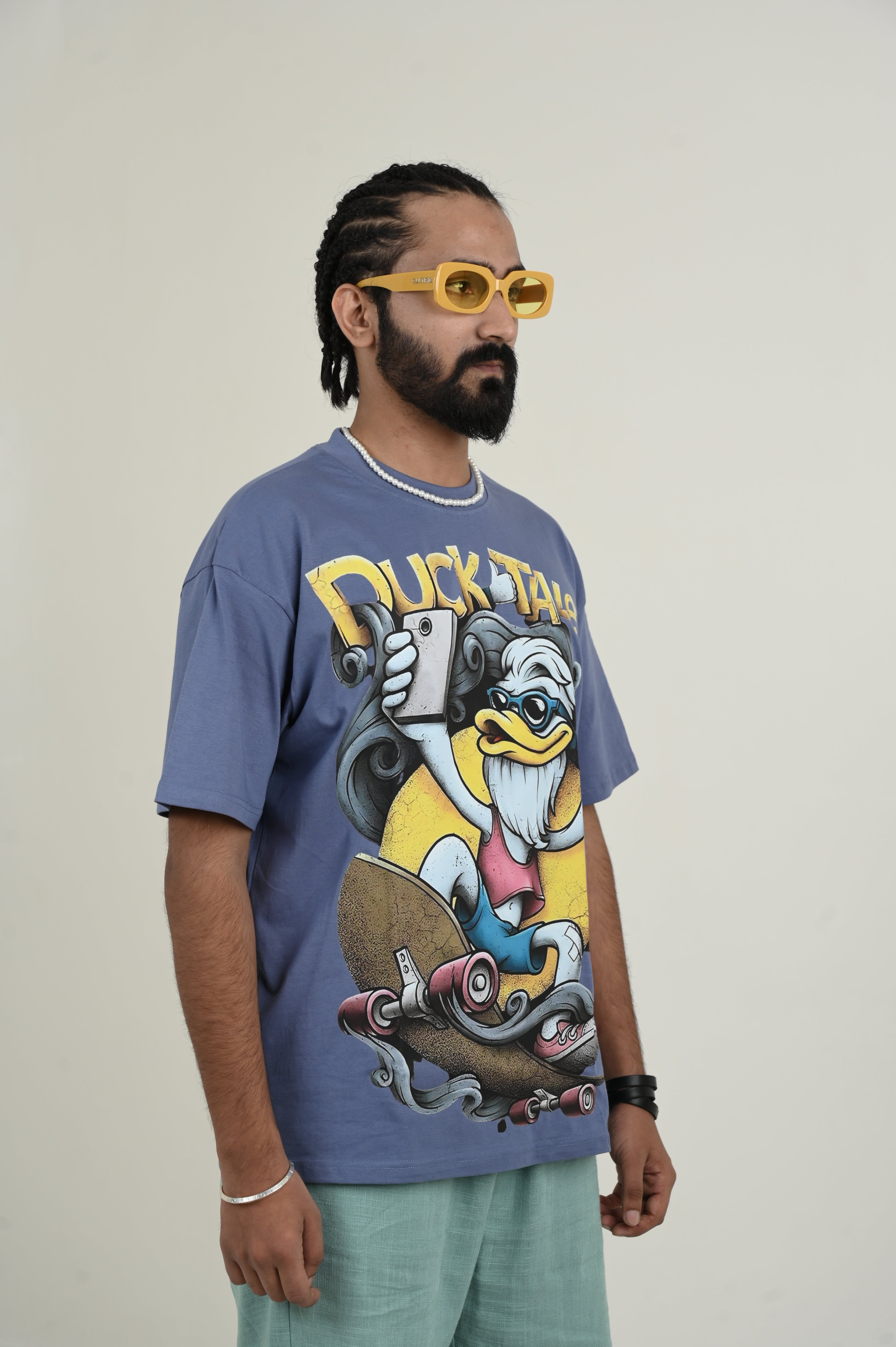 Duck Tales 100% Cotton Oversized Blue T-shirt by Unfussy with 100% cotton, Blue, Casual Wear, Organic, Oversized Fit, Printed, T-Shirts, Unfussy, Unisex, Womenswear at Kamakhyaa for sustainable fashion