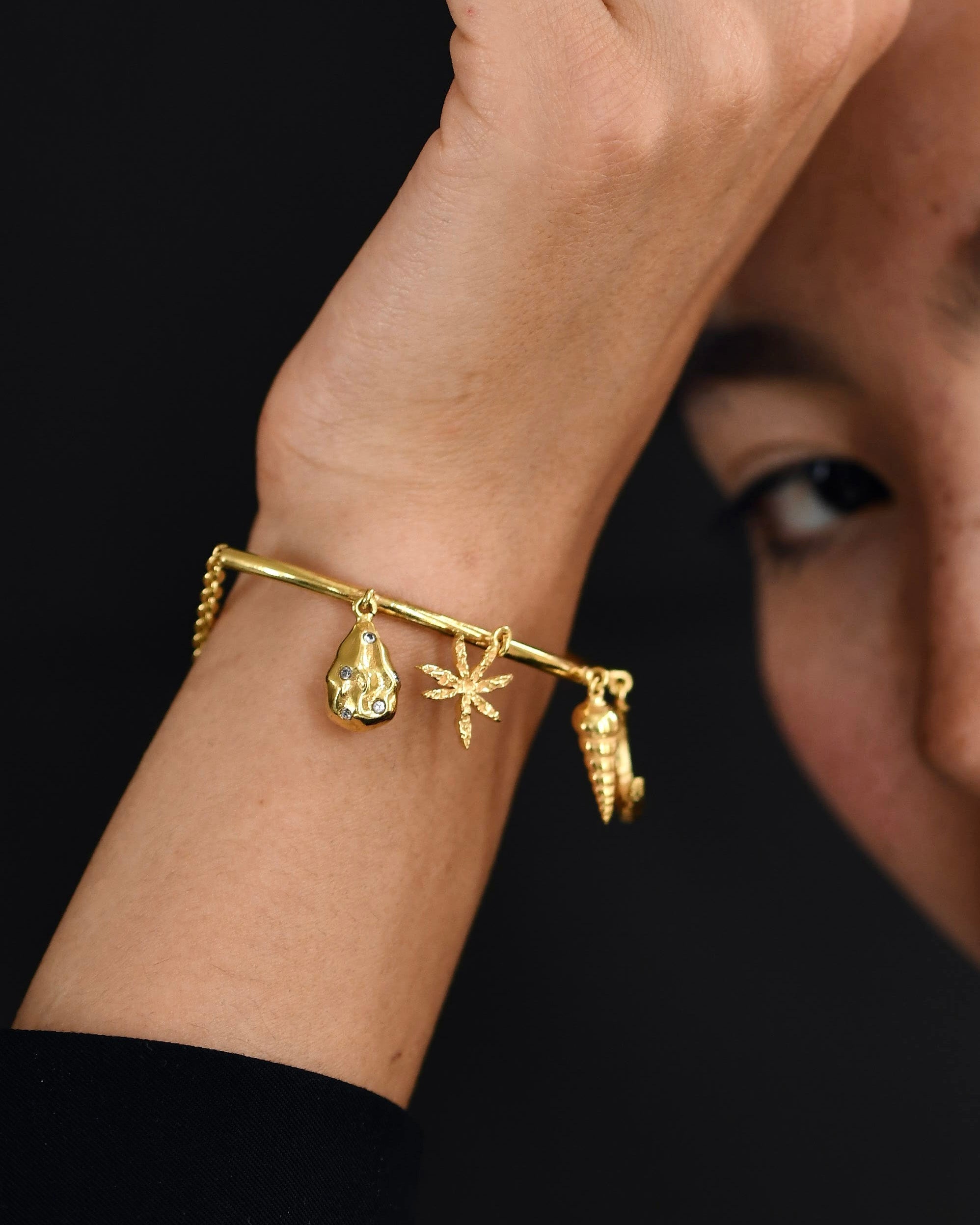 Gold Brass Galaxy Charm Bracelets by The Loom Art with Add Ons, Bracelets, Brass, Cosmic Dream by The Loom Art, Fashion Jewellery, Free Size, Gold, Gold Plated, jewelry, Natural, Textured at Kamakhyaa for sustainable fashion