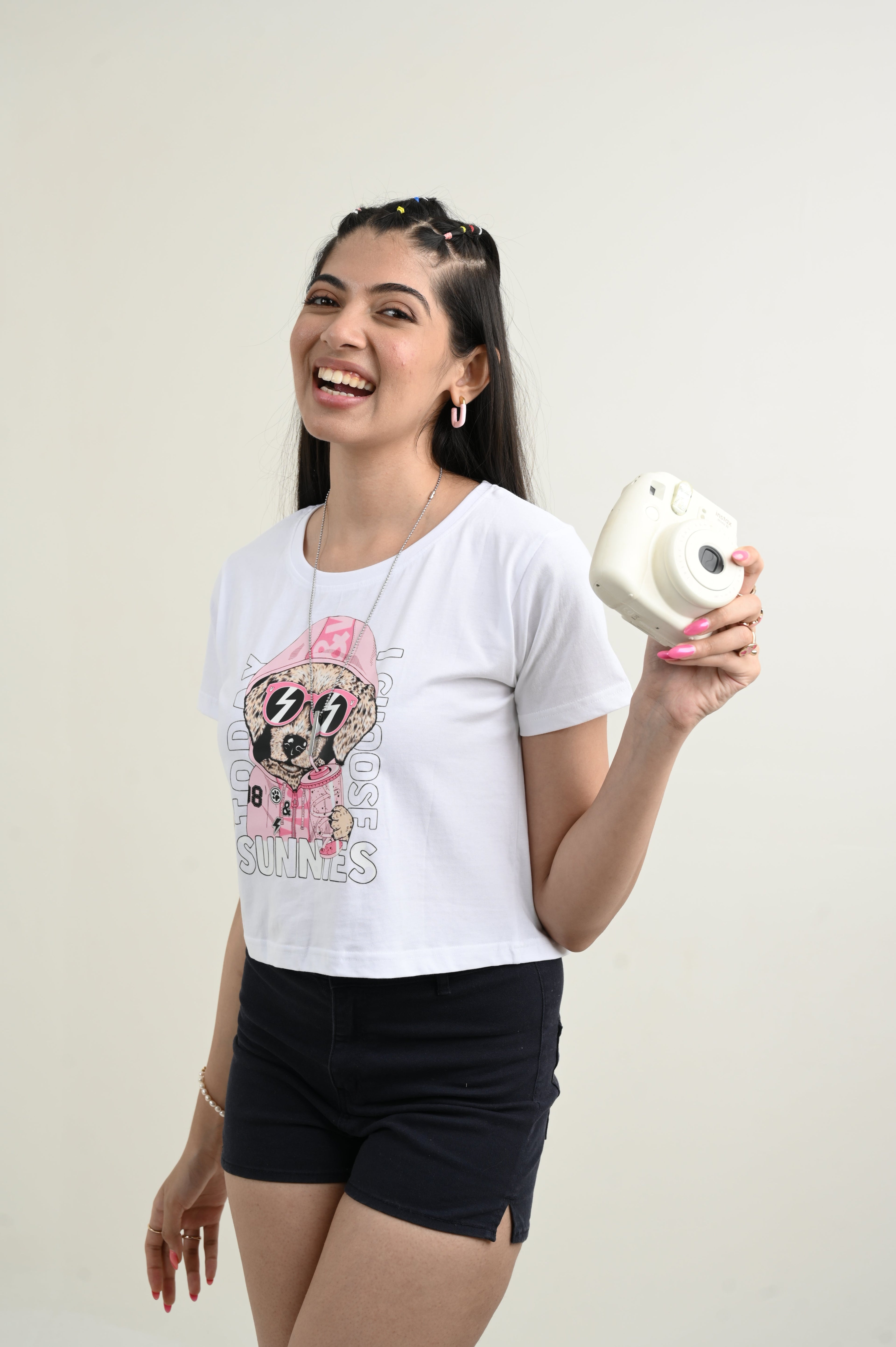 Sunnies 100% Cotton Crop White T-shirt by Unfussy with 100% cotton, Casual Wear, Crop Tops, Organic, Oversized Fit, Printed, T-Shirts, Unfussy, Unisex, White, Womenswear at Kamakhyaa for sustainable fashion