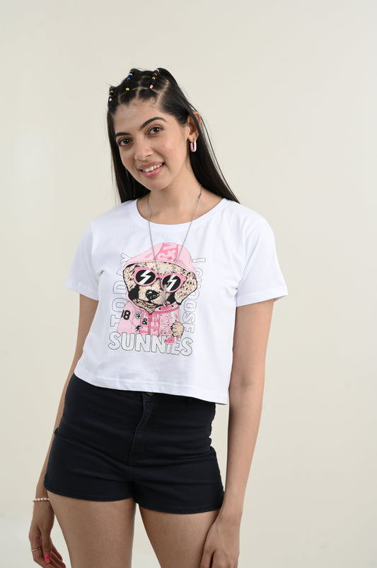 Sunnies 100% Cotton Crop White T-shirt by Unfussy with 100% cotton, Casual Wear, Crop Tops, Organic, Oversized Fit, Printed, T-Shirts, Unfussy, Unisex, White, Womenswear at Kamakhyaa for sustainable fashion