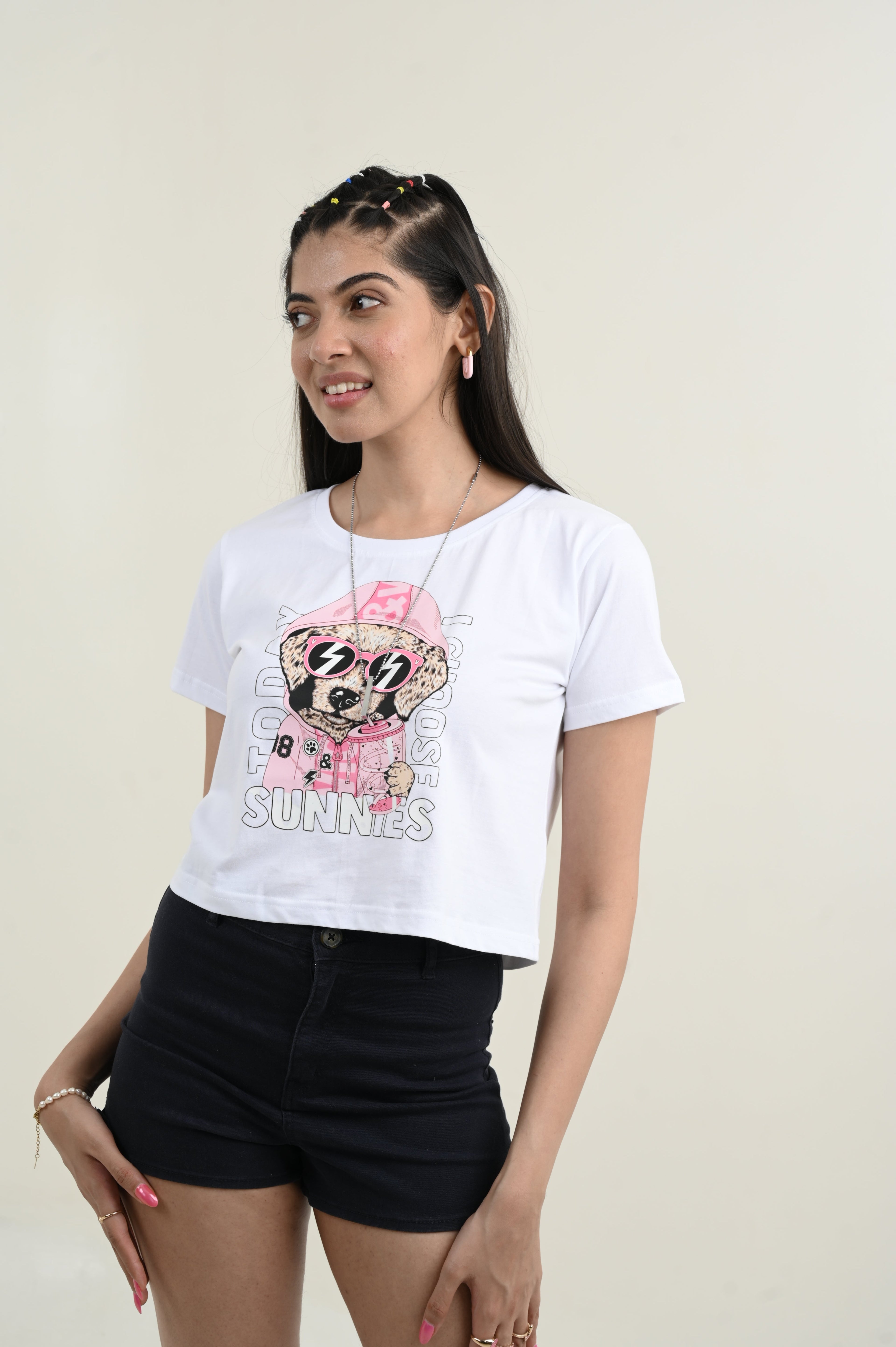 Sunnies 100% Cotton Crop White T-shirt by Unfussy with 100% cotton, Casual Wear, Crop Tops, Organic, Oversized Fit, Printed, T-Shirts, Unfussy, Unisex, White, Womenswear at Kamakhyaa for sustainable fashion