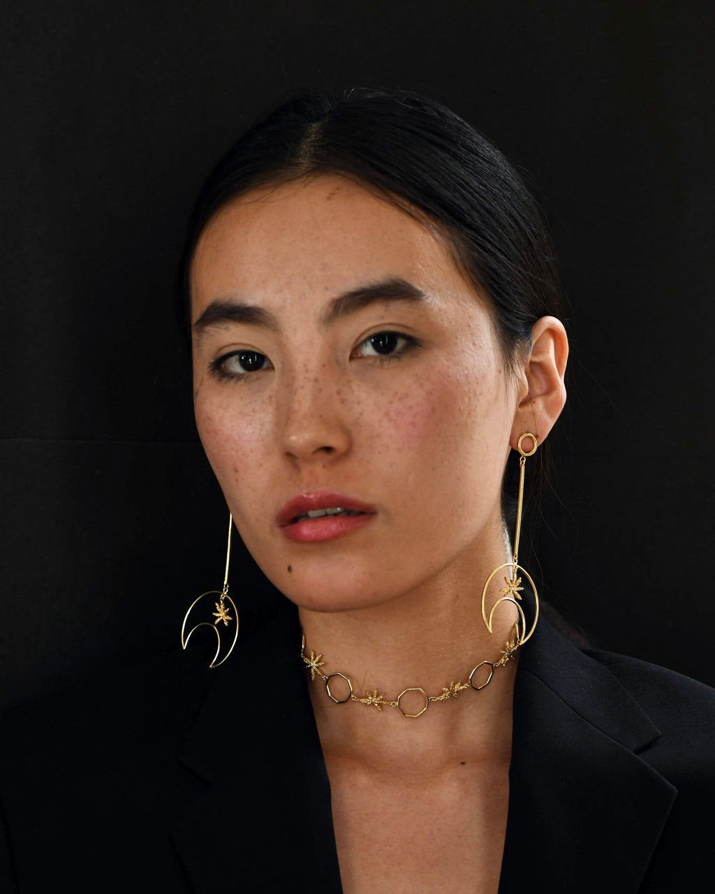 Gold Brass Linear Moon Long Earrings by The Loom Art with Brass, Cosmic Dream by The Loom Art, Fashion Jewellery, Free Size, Gold, Gold Plated, jewelry, Less than $50, Long Earrings, Natural at Kamakhyaa for sustainable fashion