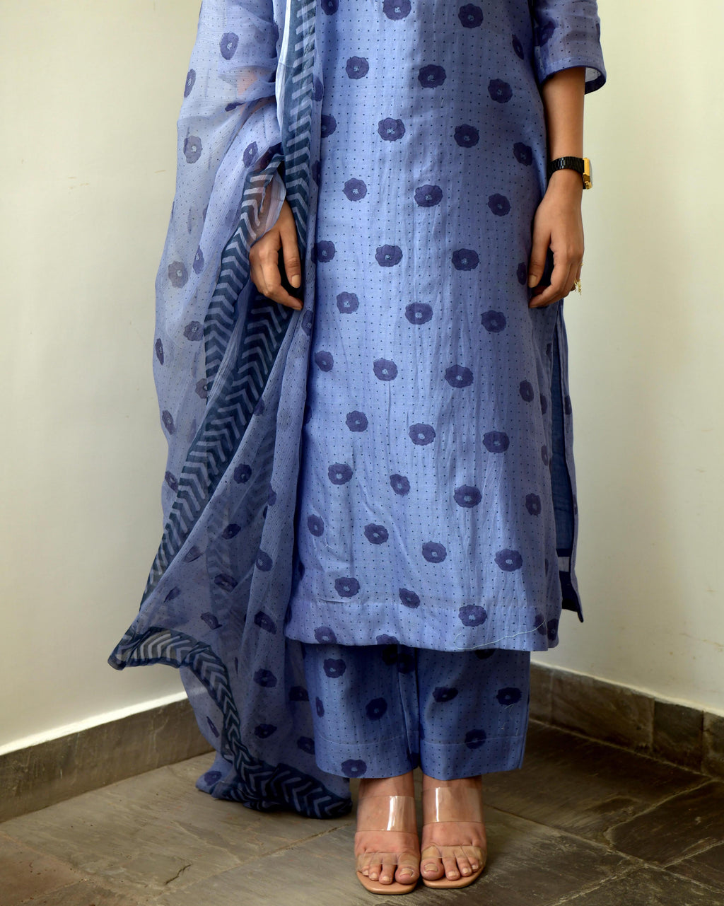 Blue Sleeveless Chiffon Kurta Set With Dupatta by Taro with Blue, Chiffon, Evening Wear, Gulzar by Taro, Indian Wear, July Sale, July Sale 2023, Kurta Pant Sets, Kurta Set With Dupatta, Natural, Prints, Regular Fit, Womenswear at Kamakhyaa for sustainable fashion
