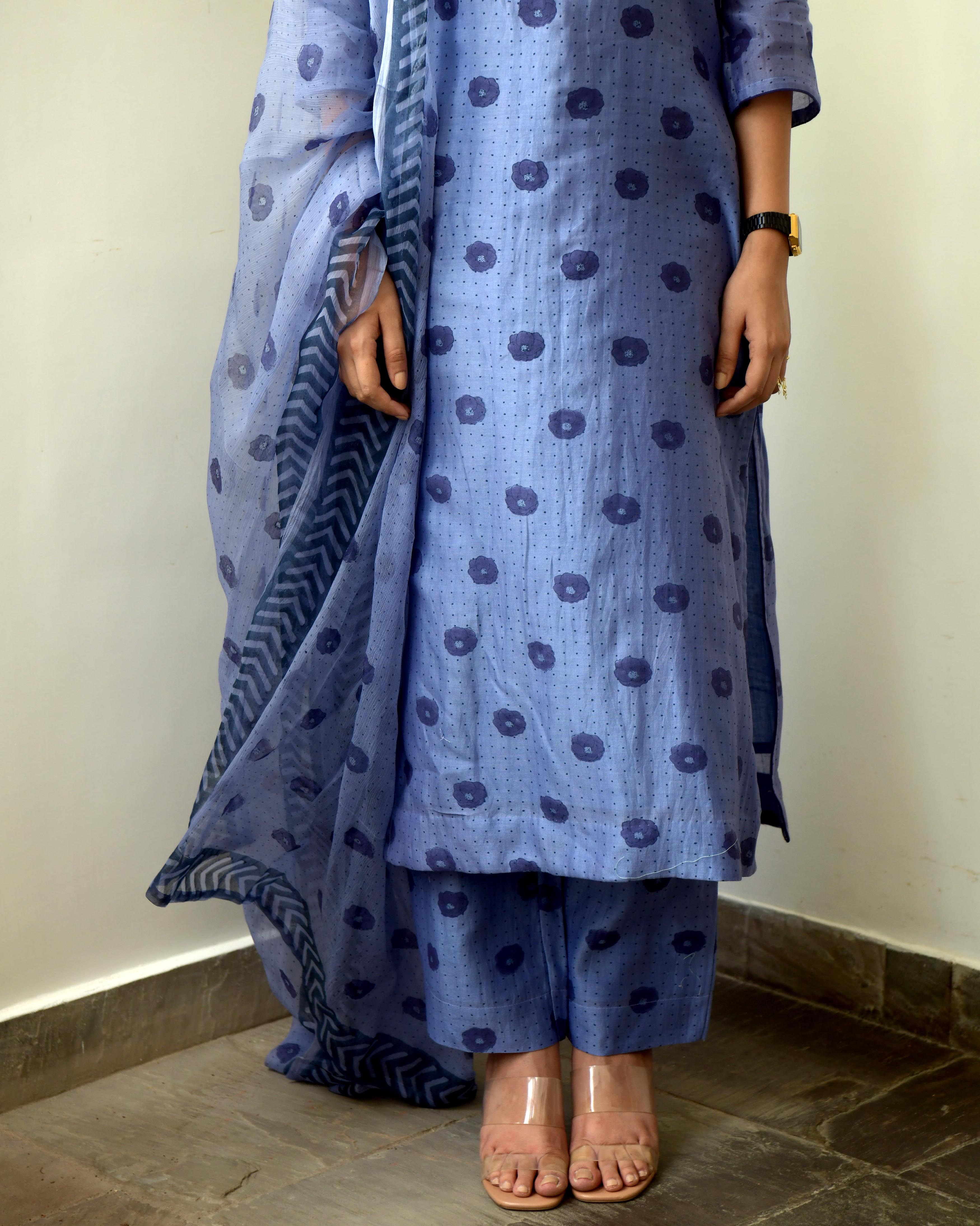 Blue Sleeveless Chiffon Kurta Set With Dupatta by Taro with Blue, Chiffon, Evening Wear, Gulzar by Taro, Indian Wear, July Sale, July Sale 2023, Kurta Pant Sets, Kurta Set With Dupatta, Natural, Prints, Regular Fit, Womenswear at Kamakhyaa for sustainable fashion