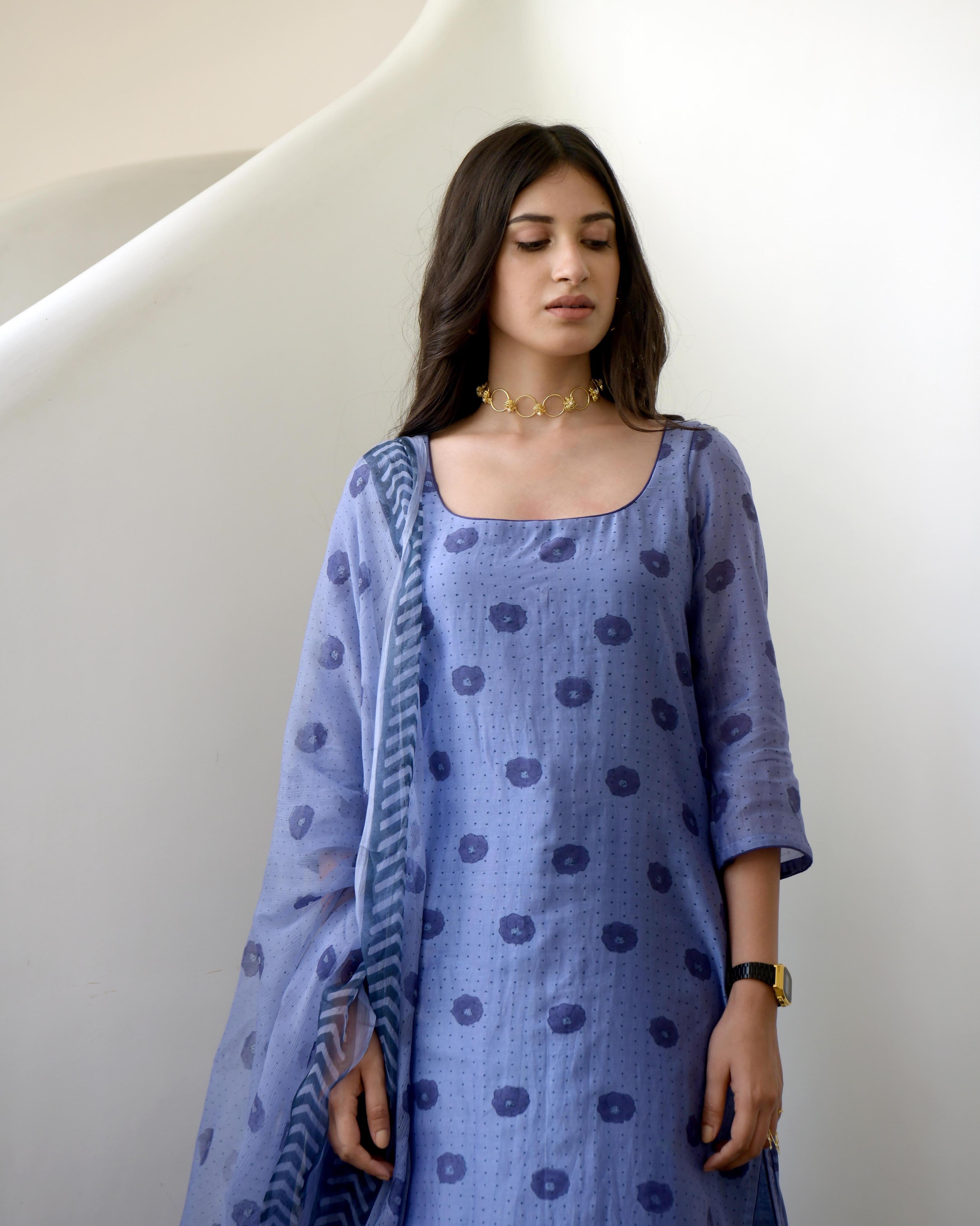 Blue Sleeveless Chiffon Kurta Set With Dupatta by Taro with Blue, Chiffon, Evening Wear, Gulzar by Taro, Indian Wear, July Sale, July Sale 2023, Kurta Pant Sets, Kurta Set With Dupatta, Natural, Prints, Regular Fit, Womenswear at Kamakhyaa for sustainable fashion