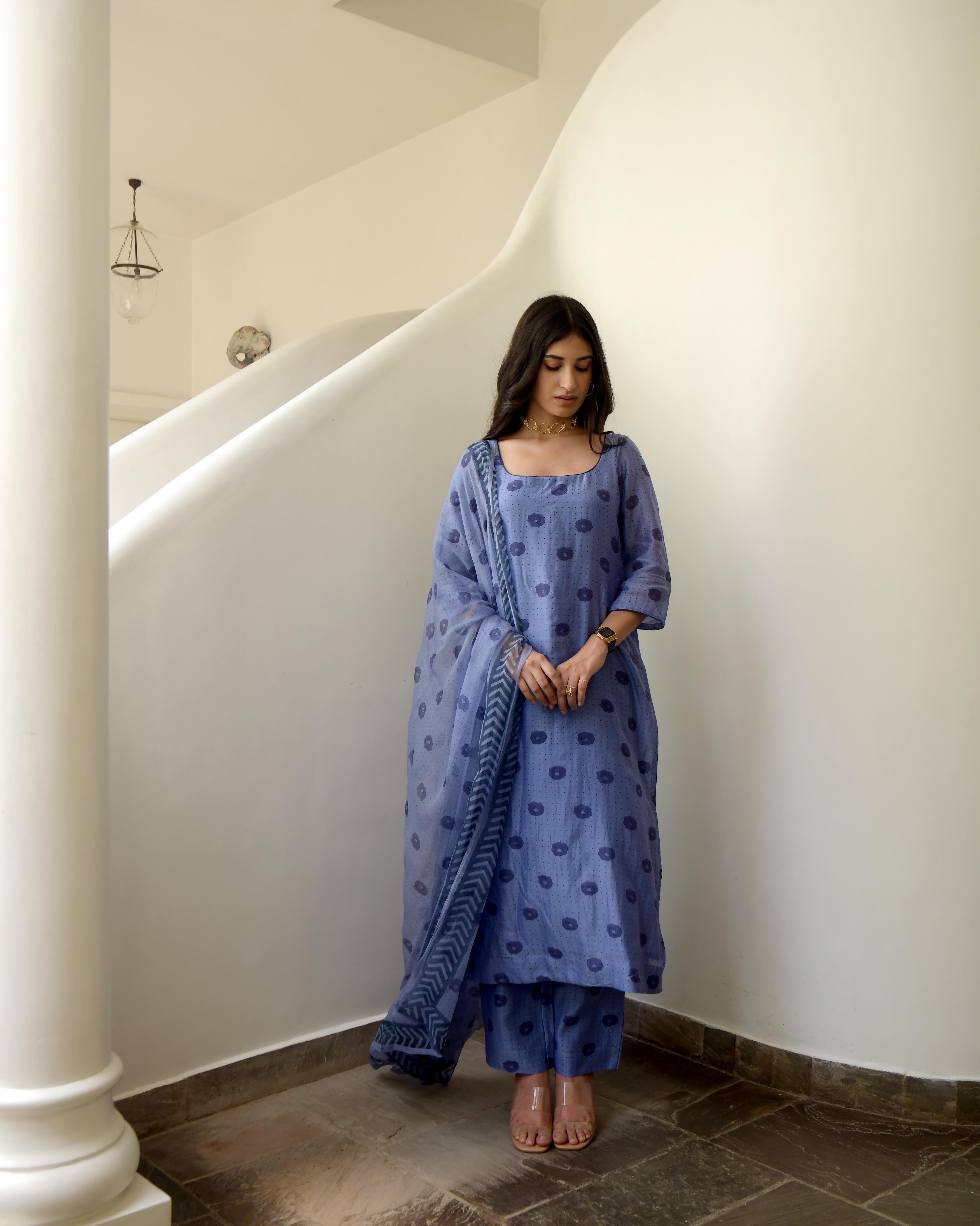 Blue Sleeveless Chiffon Kurta Set With Dupatta by Taro with Blue, Chiffon, Evening Wear, Gulzar by Taro, Indian Wear, July Sale, July Sale 2023, Kurta Pant Sets, Kurta Set With Dupatta, Natural, Prints, Regular Fit, Womenswear at Kamakhyaa for sustainable fashion