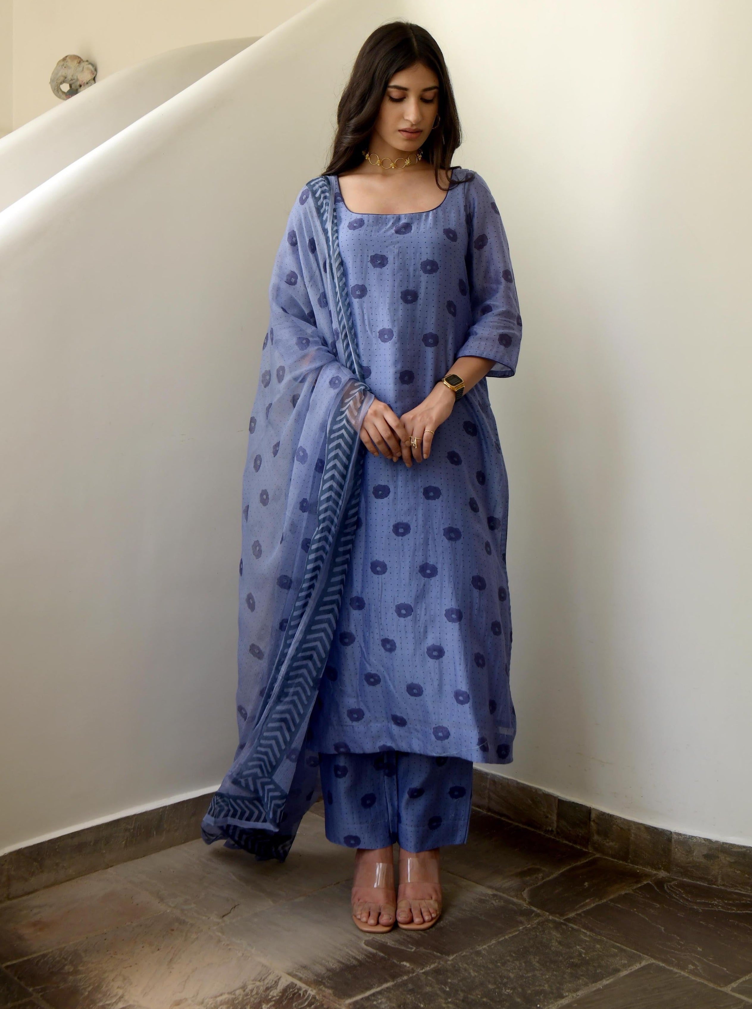 Blue Sleeveless Chiffon Kurta Set With Dupatta by Taro with Blue, Chiffon, Evening Wear, Gulzar by Taro, Indian Wear, July Sale, July Sale 2023, Kurta Pant Sets, Kurta Set With Dupatta, Natural, Prints, Regular Fit, Womenswear at Kamakhyaa for sustainable fashion