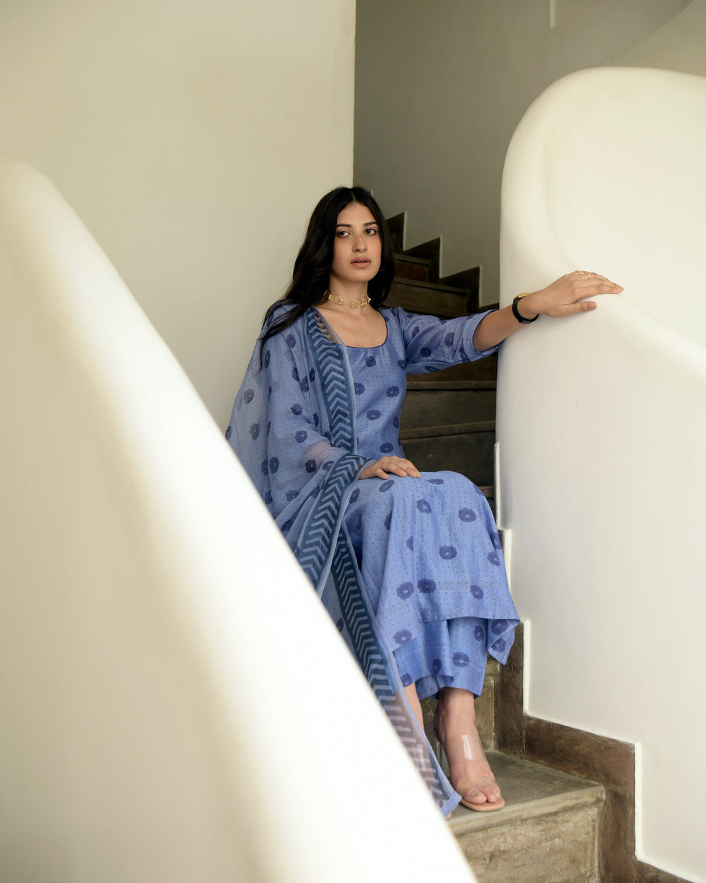 Blue Sleeveless Chiffon Kurta Set With Dupatta by Taro with Blue, Chiffon, Evening Wear, Gulzar by Taro, Indian Wear, July Sale, July Sale 2023, Kurta Pant Sets, Kurta Set With Dupatta, Natural, Prints, Regular Fit, Womenswear at Kamakhyaa for sustainable fashion