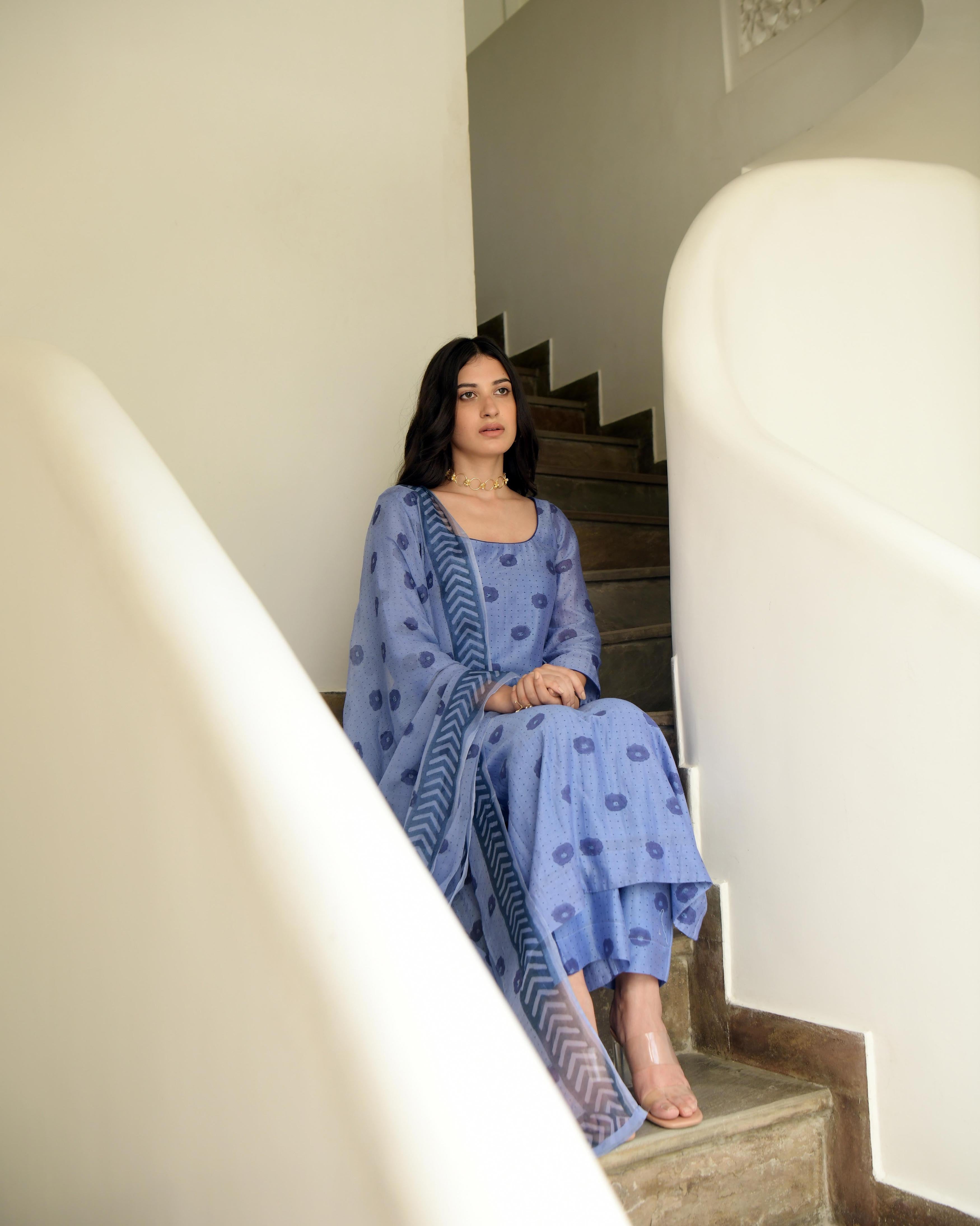 Blue Sleeveless Chiffon Kurta Set With Dupatta by Taro with Blue, Chiffon, Evening Wear, Gulzar by Taro, Indian Wear, July Sale, July Sale 2023, Kurta Pant Sets, Kurta Set With Dupatta, Natural, Prints, Regular Fit, Womenswear at Kamakhyaa for sustainable fashion