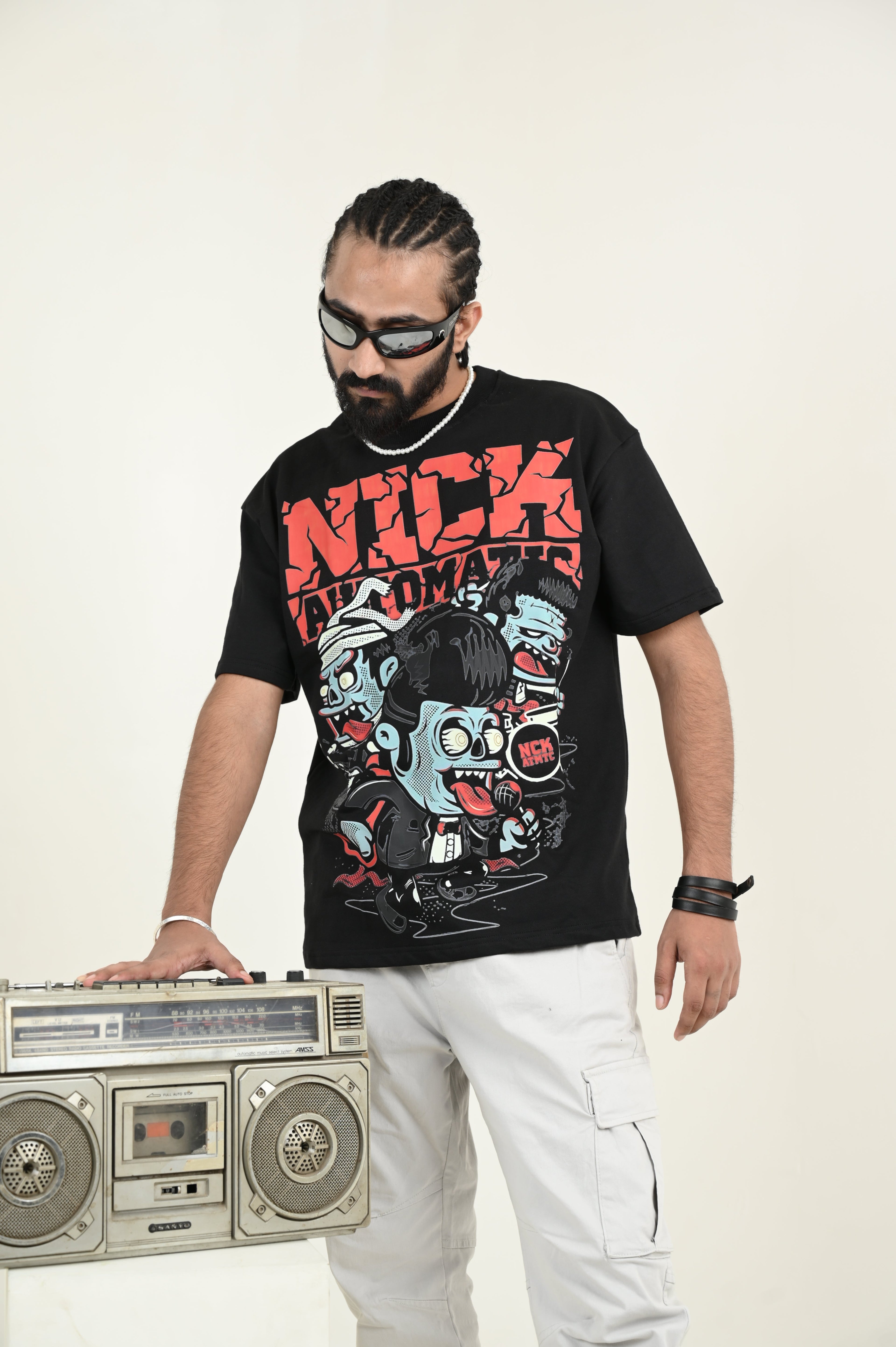 Nick Automatic 100% Cotton Oversized Black T-shirt by Unfussy with 100% cotton, Black, Casual Wear, Organic, Oversized Fit, Printed, T-Shirts, Unfussy, Unisex, Womenswear at Kamakhyaa for sustainable fashion