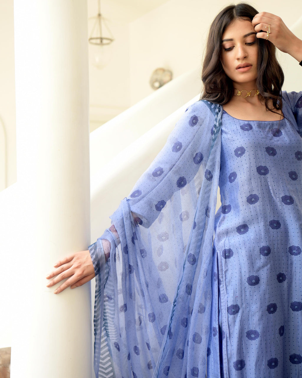 Blue Sleeveless Chiffon Kurta Set With Dupatta by Taro with Blue, Chiffon, Evening Wear, Gulzar by Taro, Indian Wear, July Sale, July Sale 2023, Kurta Pant Sets, Kurta Set With Dupatta, Natural, Prints, Regular Fit, Womenswear at Kamakhyaa for sustainable fashion